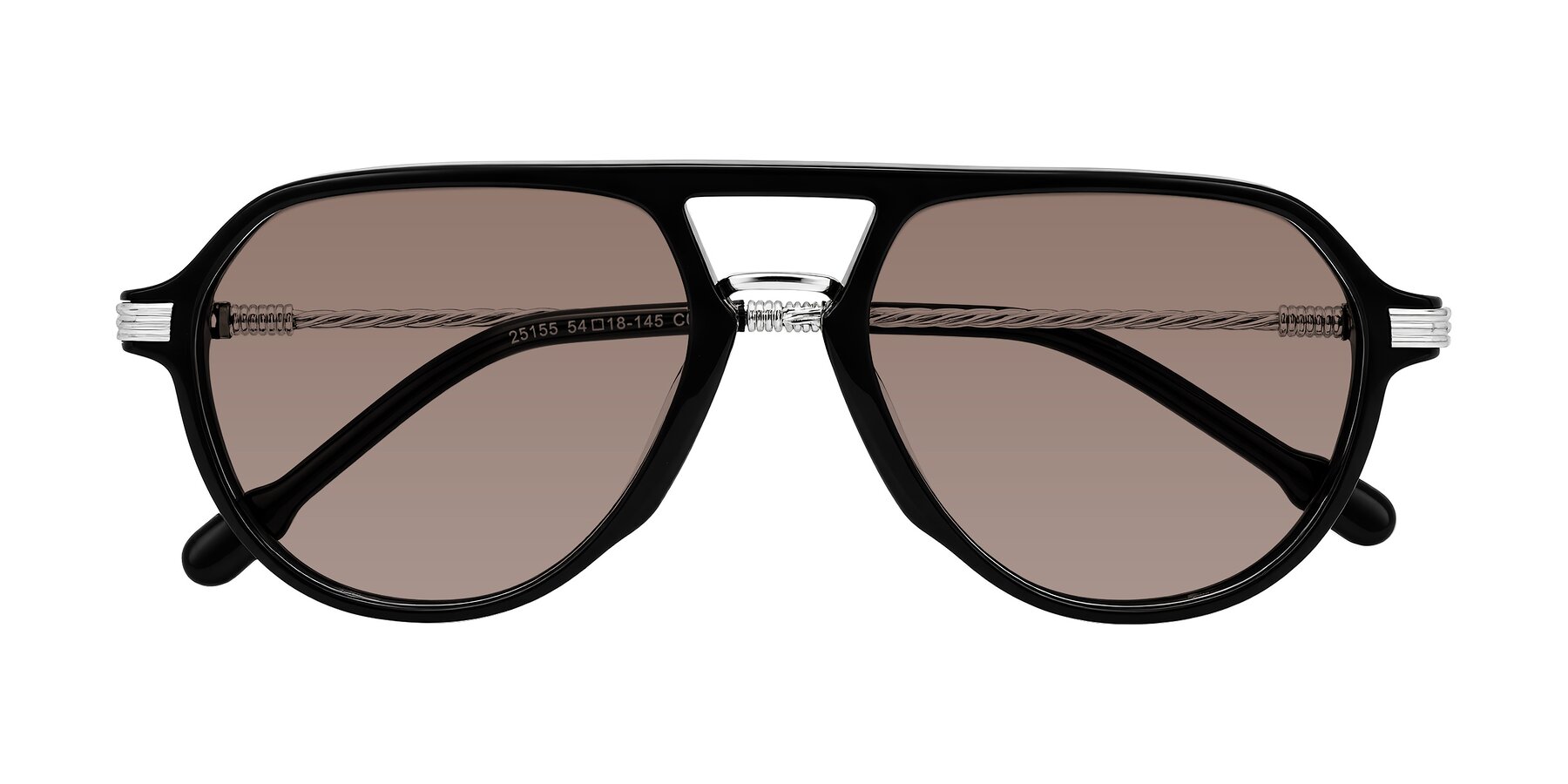 Folded Front of Kanause in Black/Silver with Medium Brown Tinted Lenses