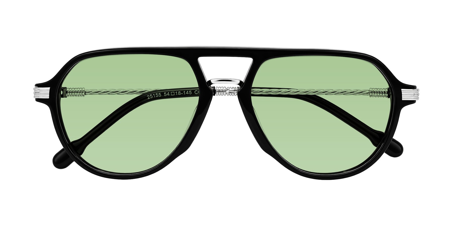 Folded Front of Kanause in Black/Silver with Medium Green Tinted Lenses