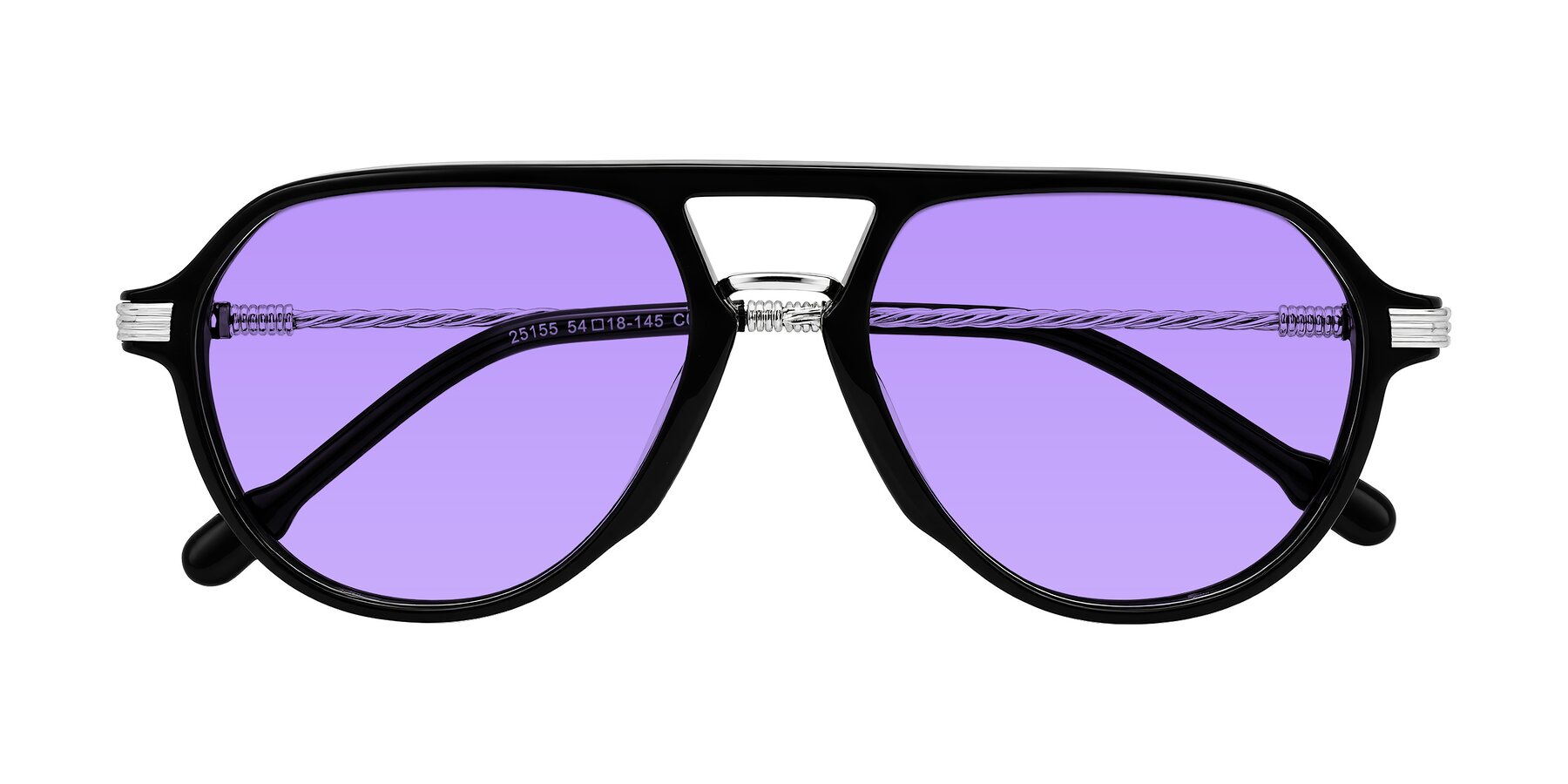 Folded Front of Kanause in Black/Silver with Medium Purple Tinted Lenses