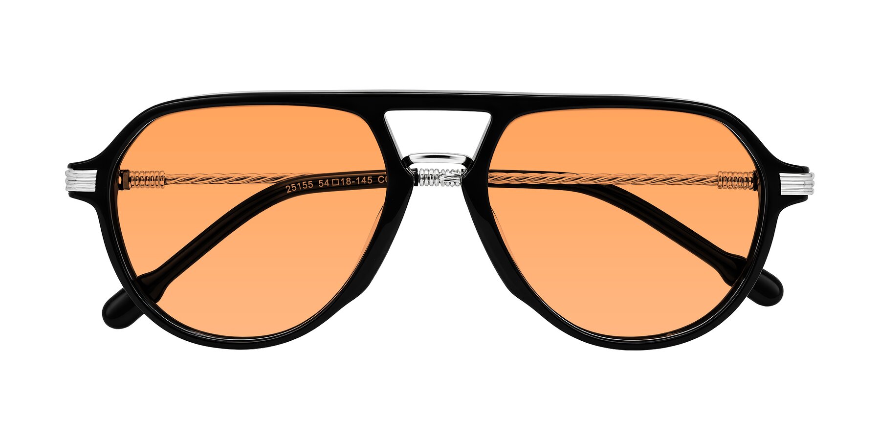 Folded Front of Kanause in Black/Silver with Medium Orange Tinted Lenses