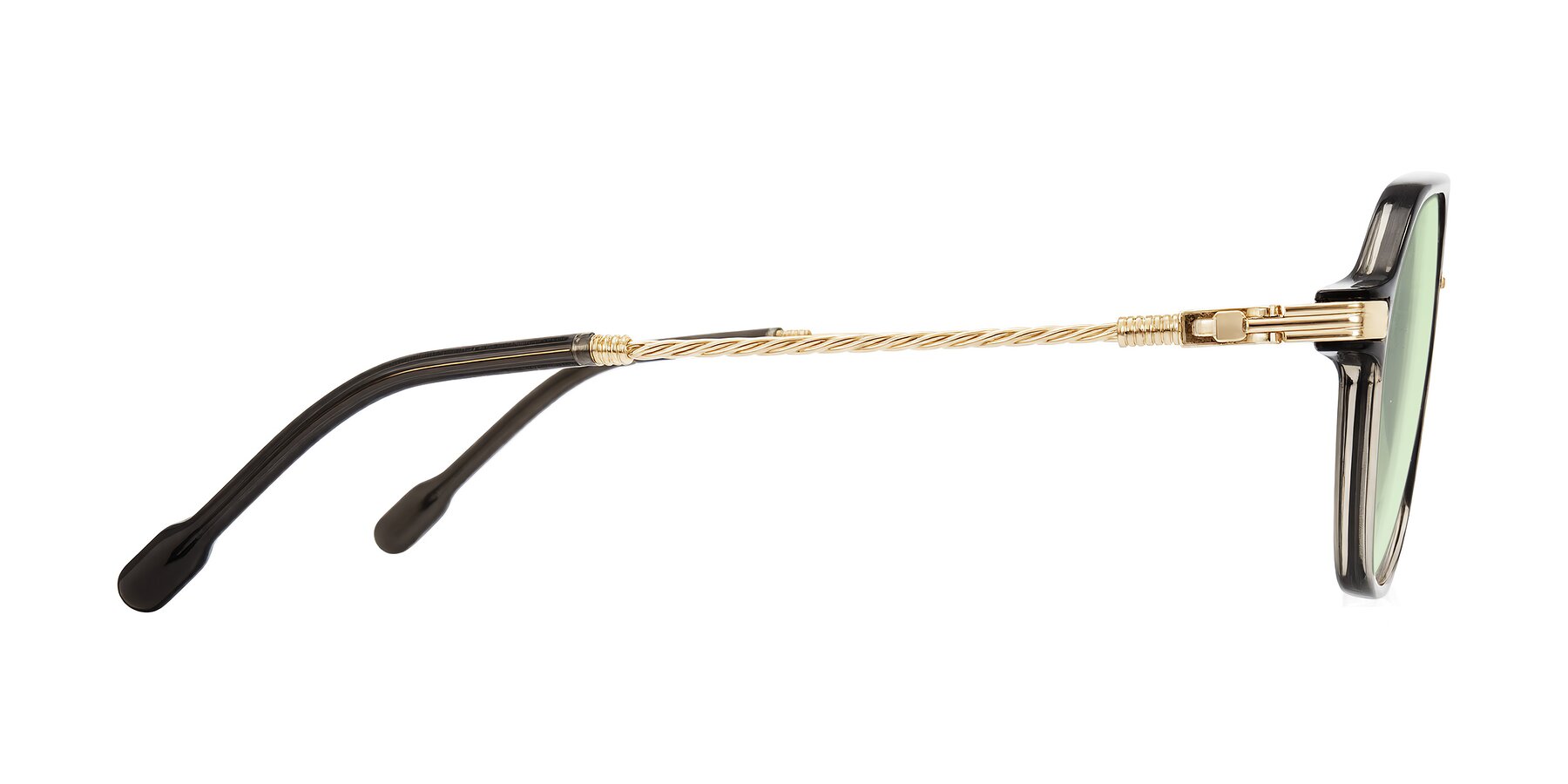 Side of Kanause in Transparent Gray/Gold with Light Green Tinted Lenses