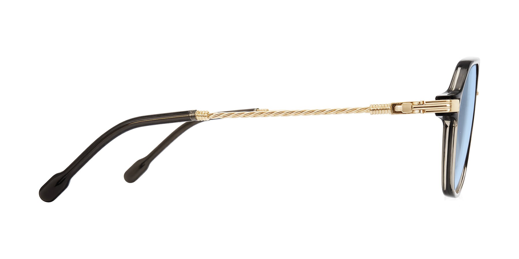 Side of Kanause in Transparent Gray/Gold with Light Blue Tinted Lenses