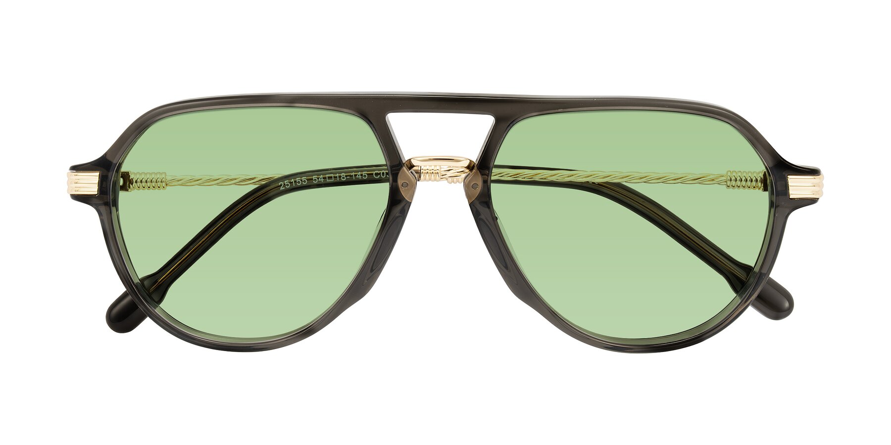 Folded Front of Kanause in Transparent Gray/Gold with Medium Green Tinted Lenses