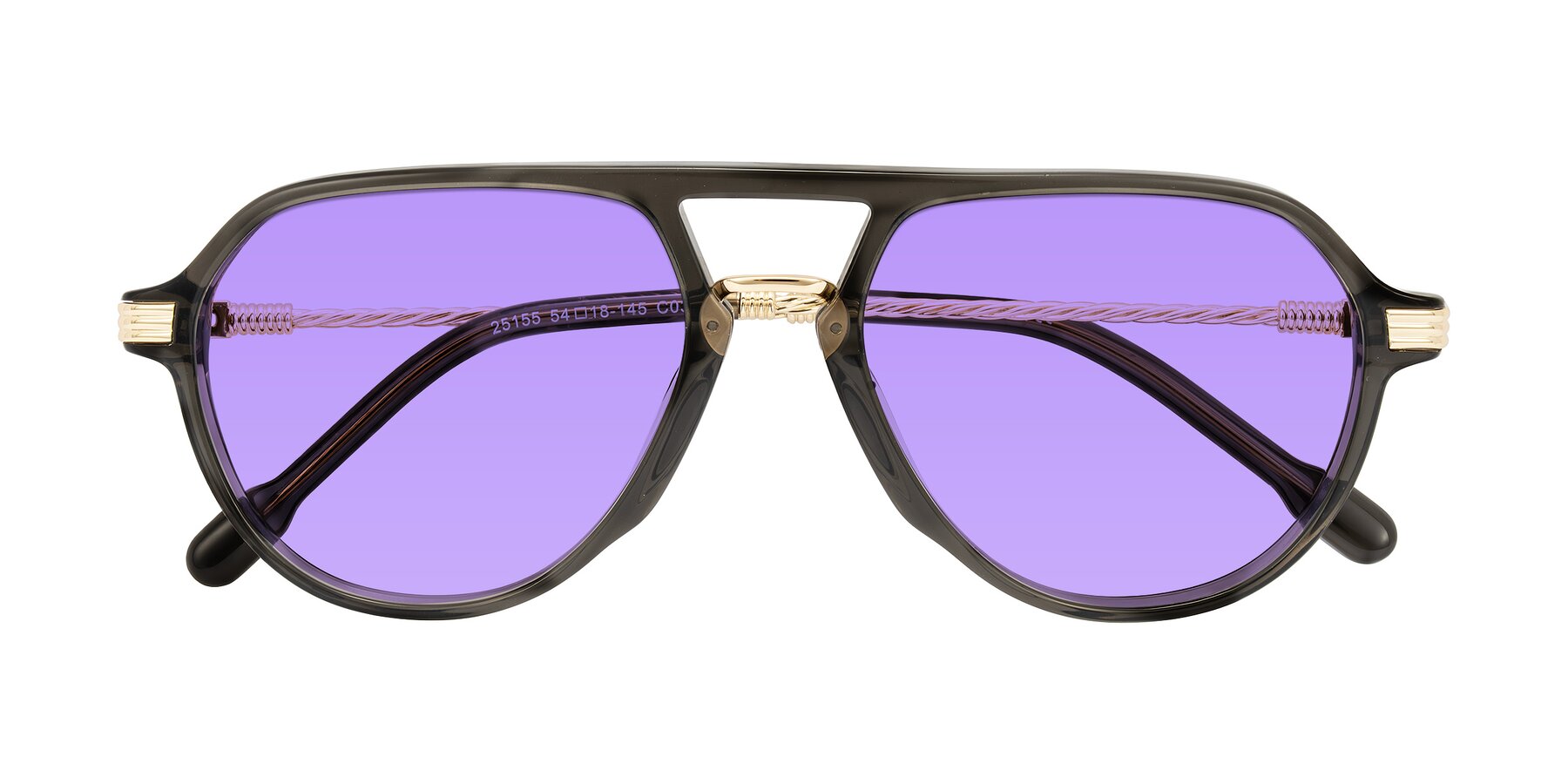 Folded Front of Kanause in Transparent Gray/Gold with Medium Purple Tinted Lenses