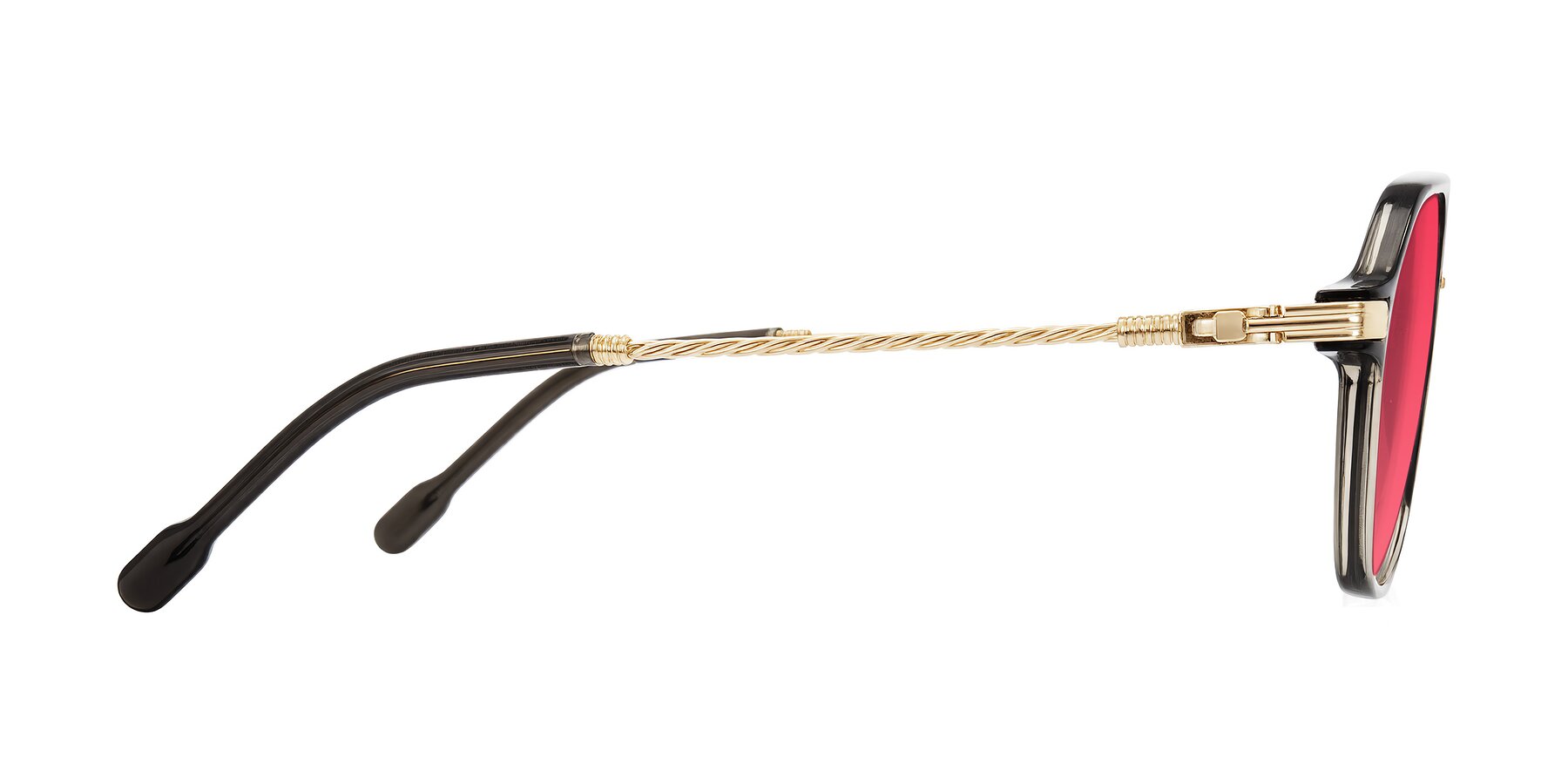 Side of Kanause in Transparent Gray/Gold with Red Tinted Lenses