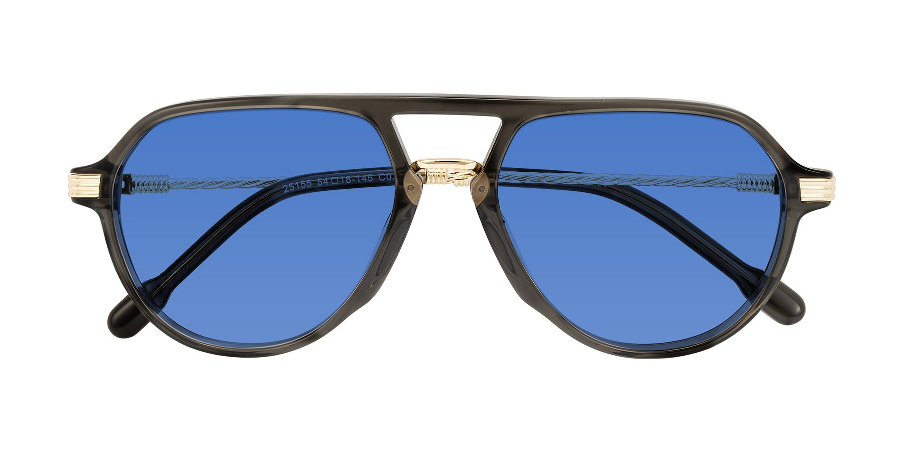 Folded Front of Kanause in Transparent Gray/Gold with Blue Tinted Lenses