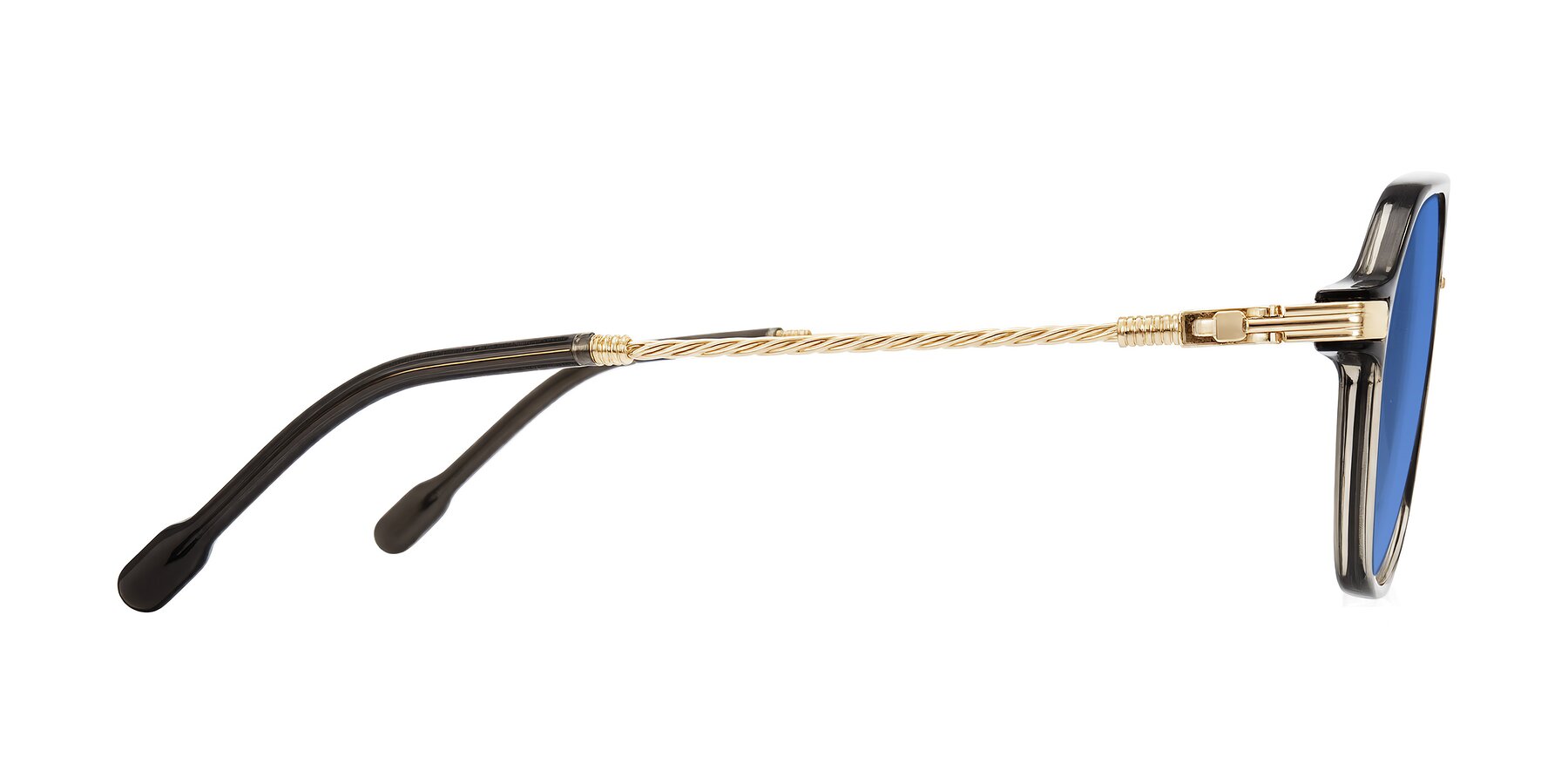 Side of Kanause in Transparent Gray/Gold with Blue Tinted Lenses