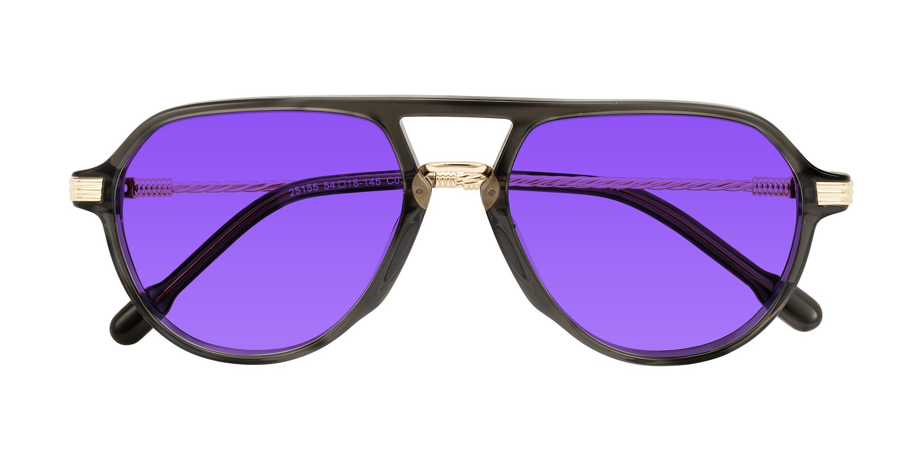 Folded Front of Kanause in Transparent Gray/Gold with Purple Tinted Lenses