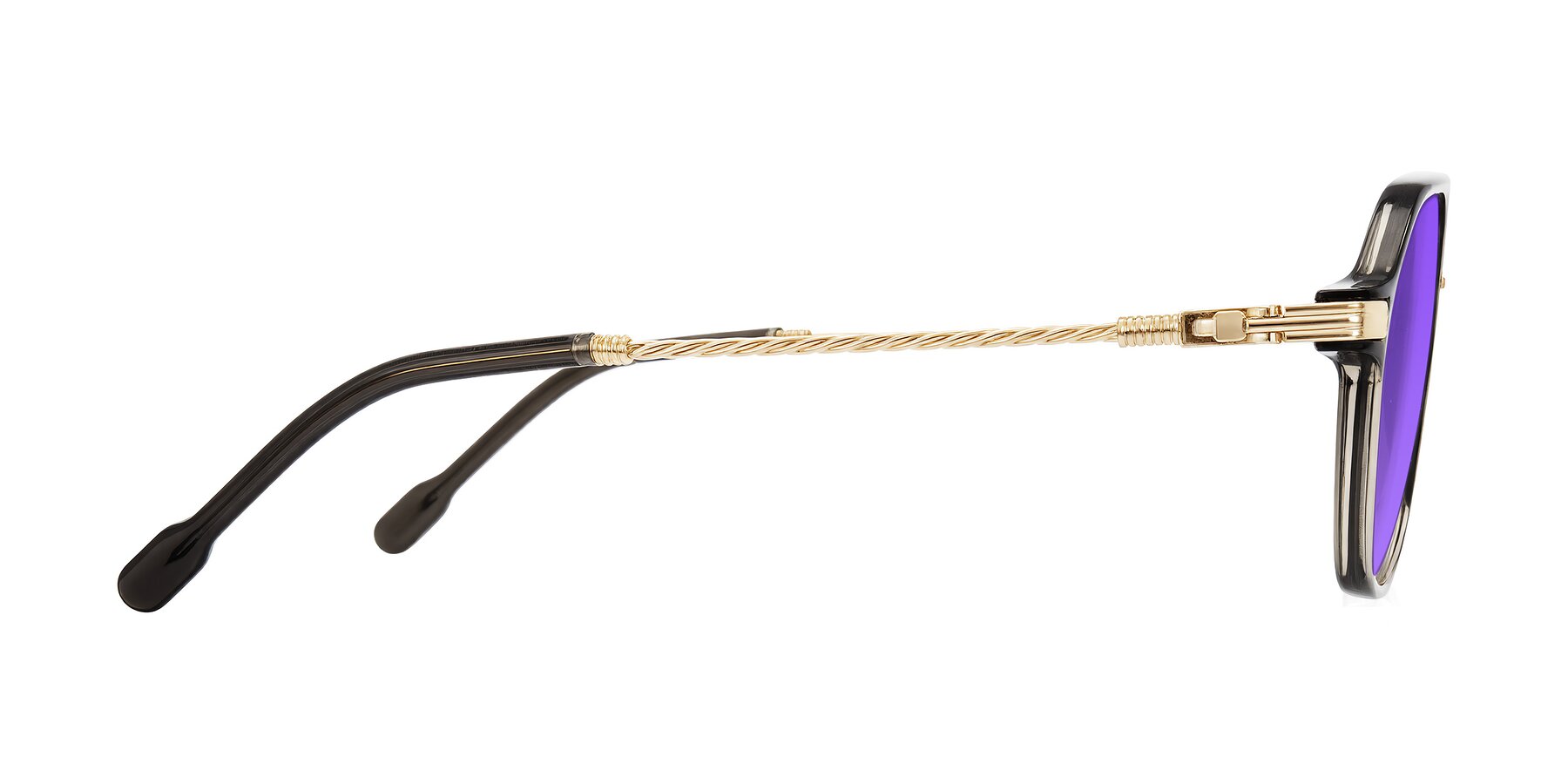 Side of Kanause in Transparent Gray/Gold with Purple Tinted Lenses
