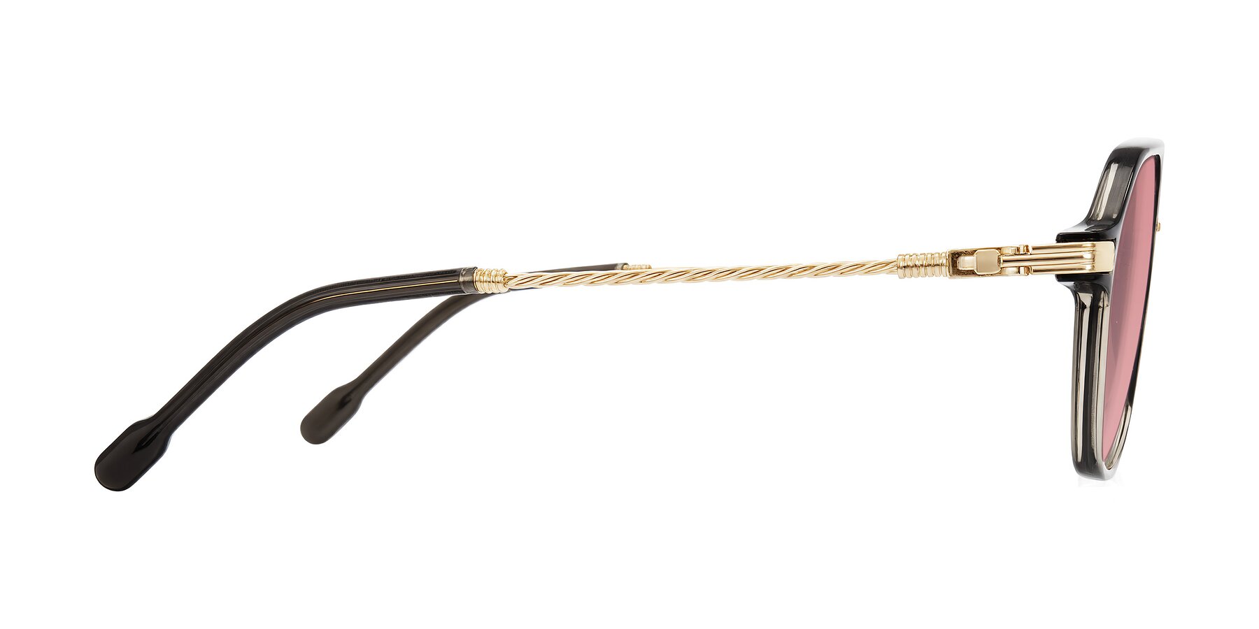 Side of Kanause in Transparent Gray/Gold with Medium Garnet Tinted Lenses