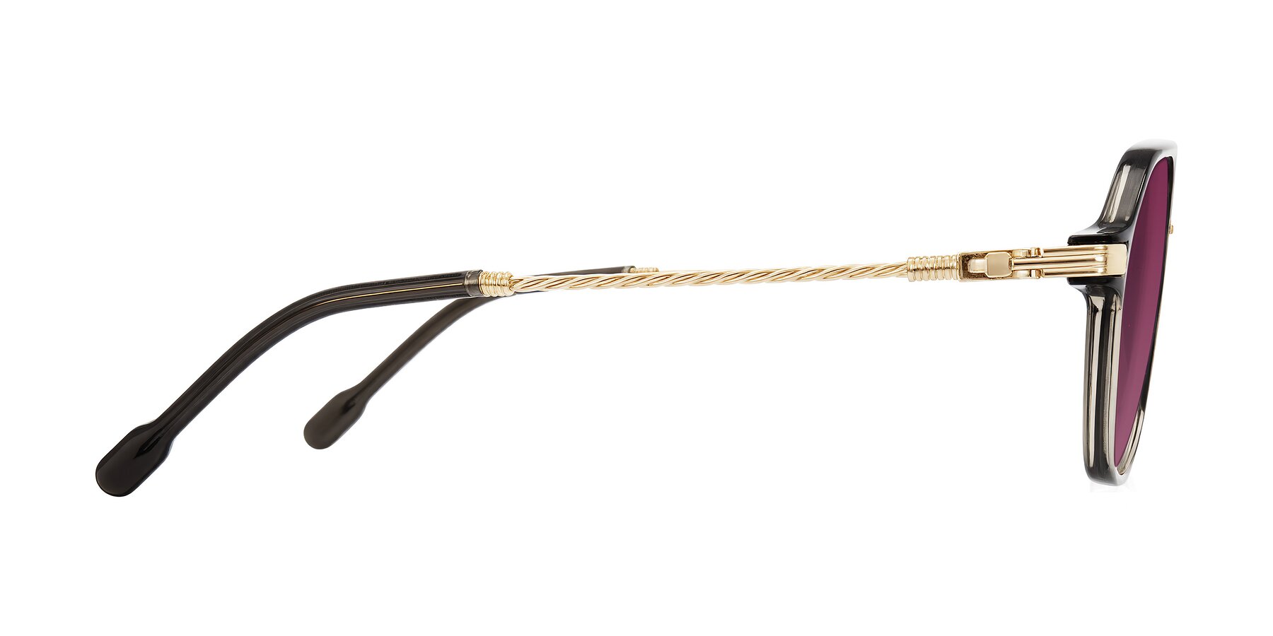 Side of Kanause in Transparent Gray/Gold with Wine Tinted Lenses