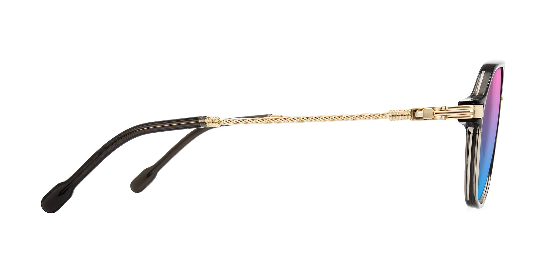 Side of Kanause in Transparent Gray/Gold with Pink / Blue Gradient Lenses