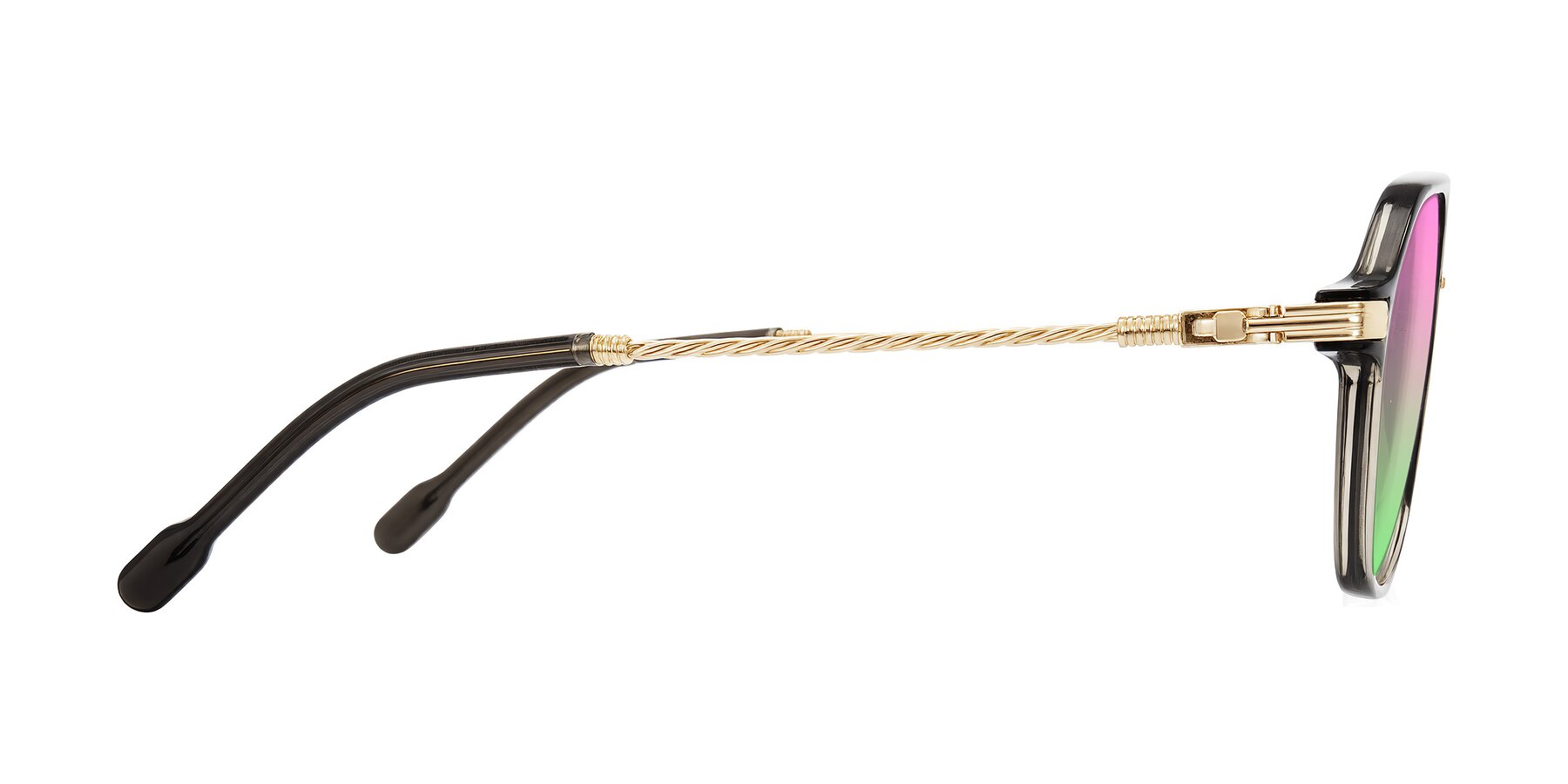 Side of Kanause in Transparent Gray/Gold with Pink / Green Gradient Lenses