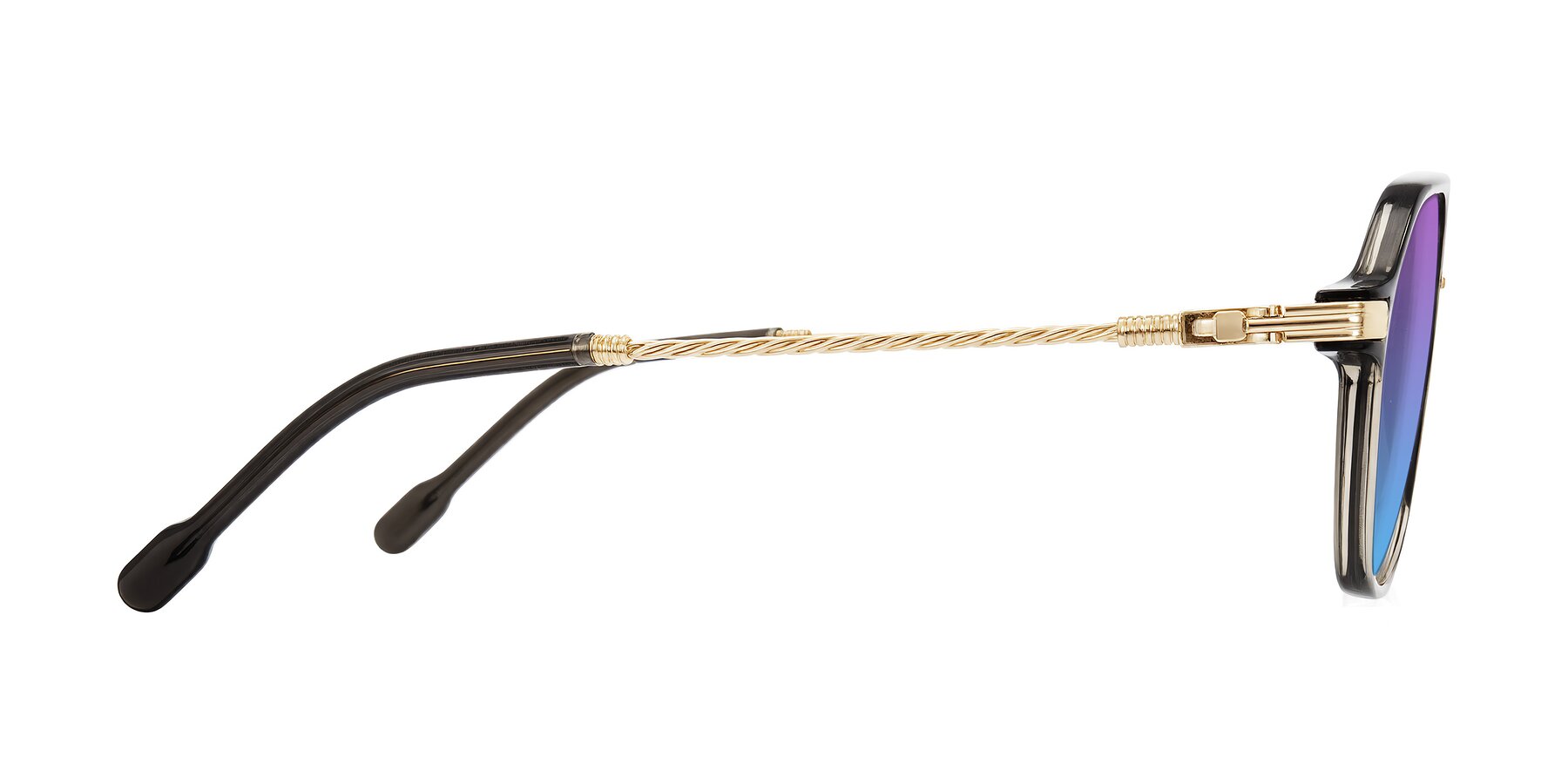 Side of Kanause in Transparent Gray/Gold with Purple / Blue Gradient Lenses