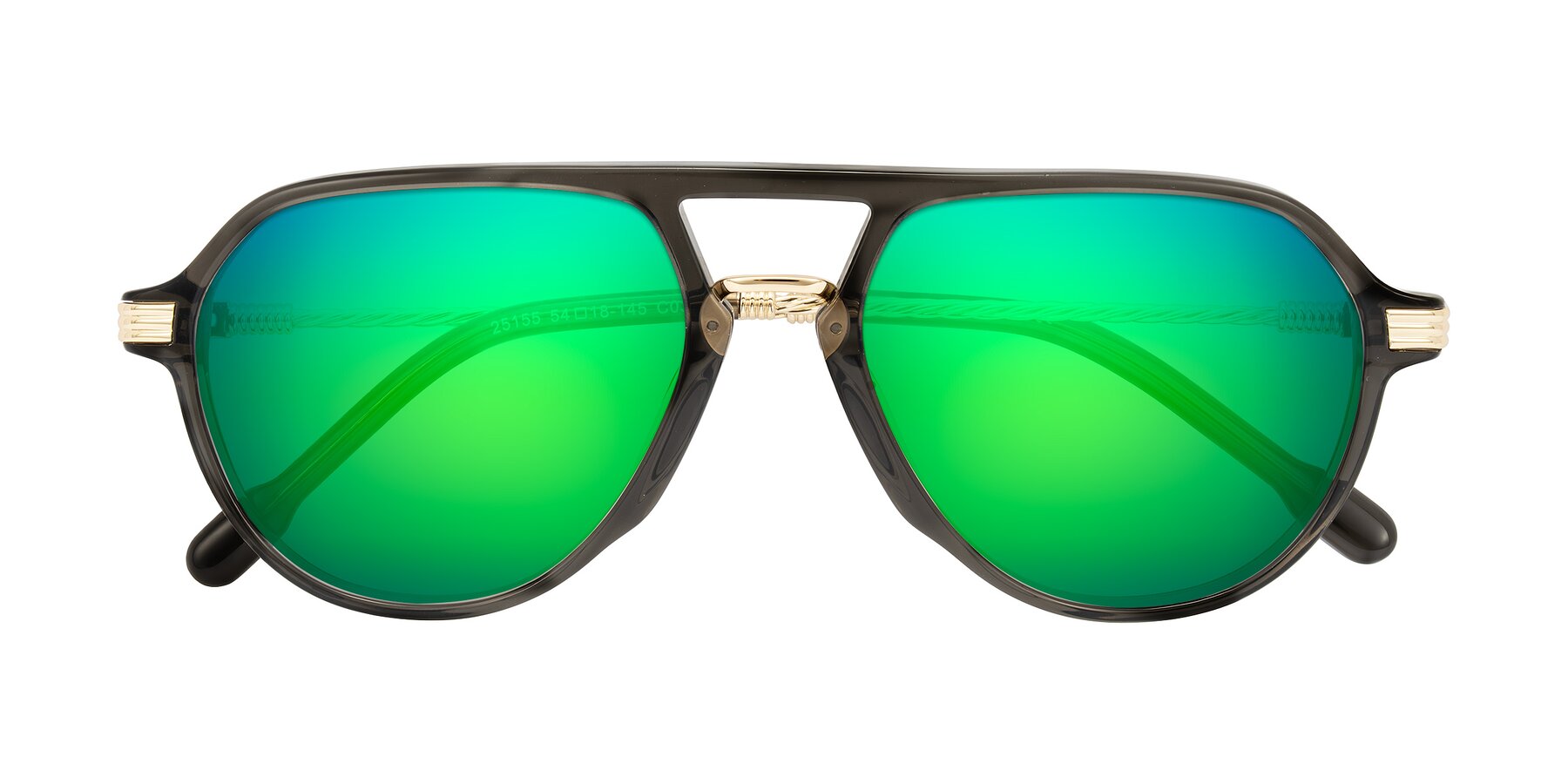 Folded Front of Kanause in Transparent Gray/Gold with Green Mirrored Lenses