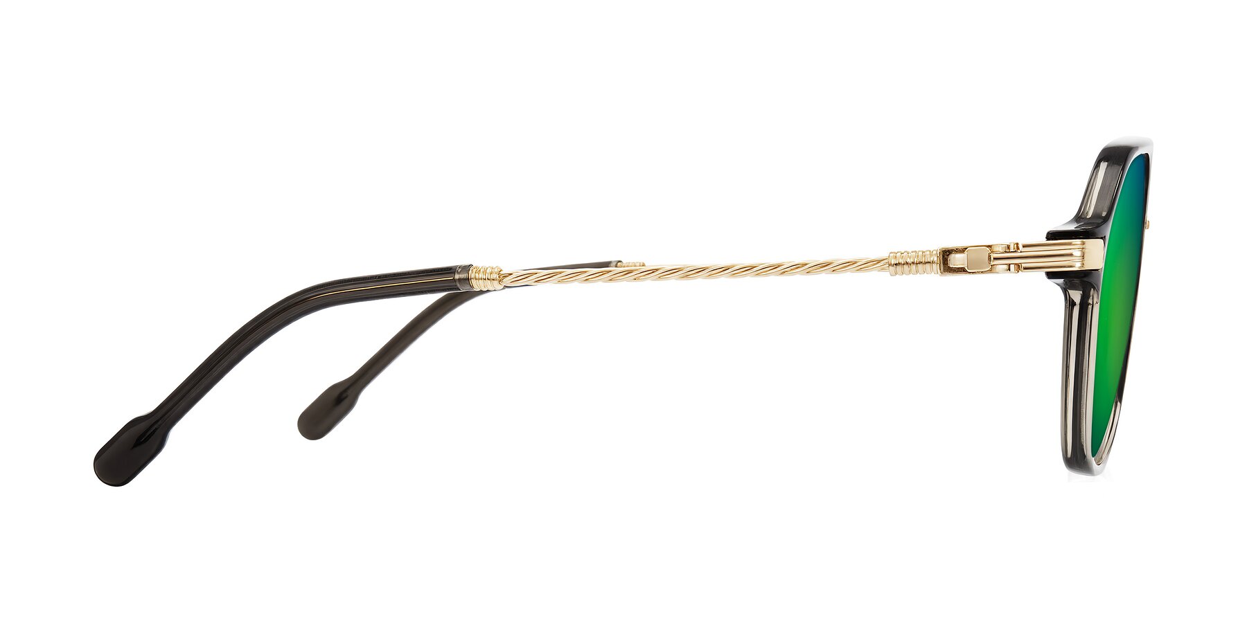 Side of Kanause in Transparent Gray/Gold with Green Mirrored Lenses