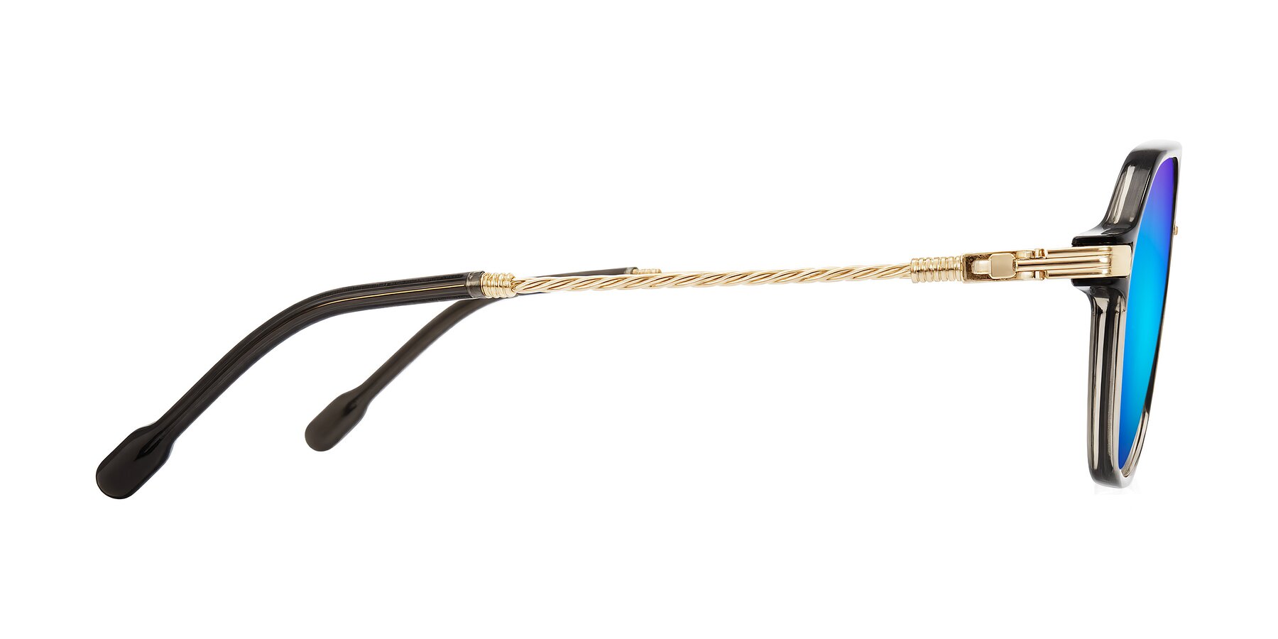 Side of Kanause in Transparent Gray/Gold with Blue Mirrored Lenses