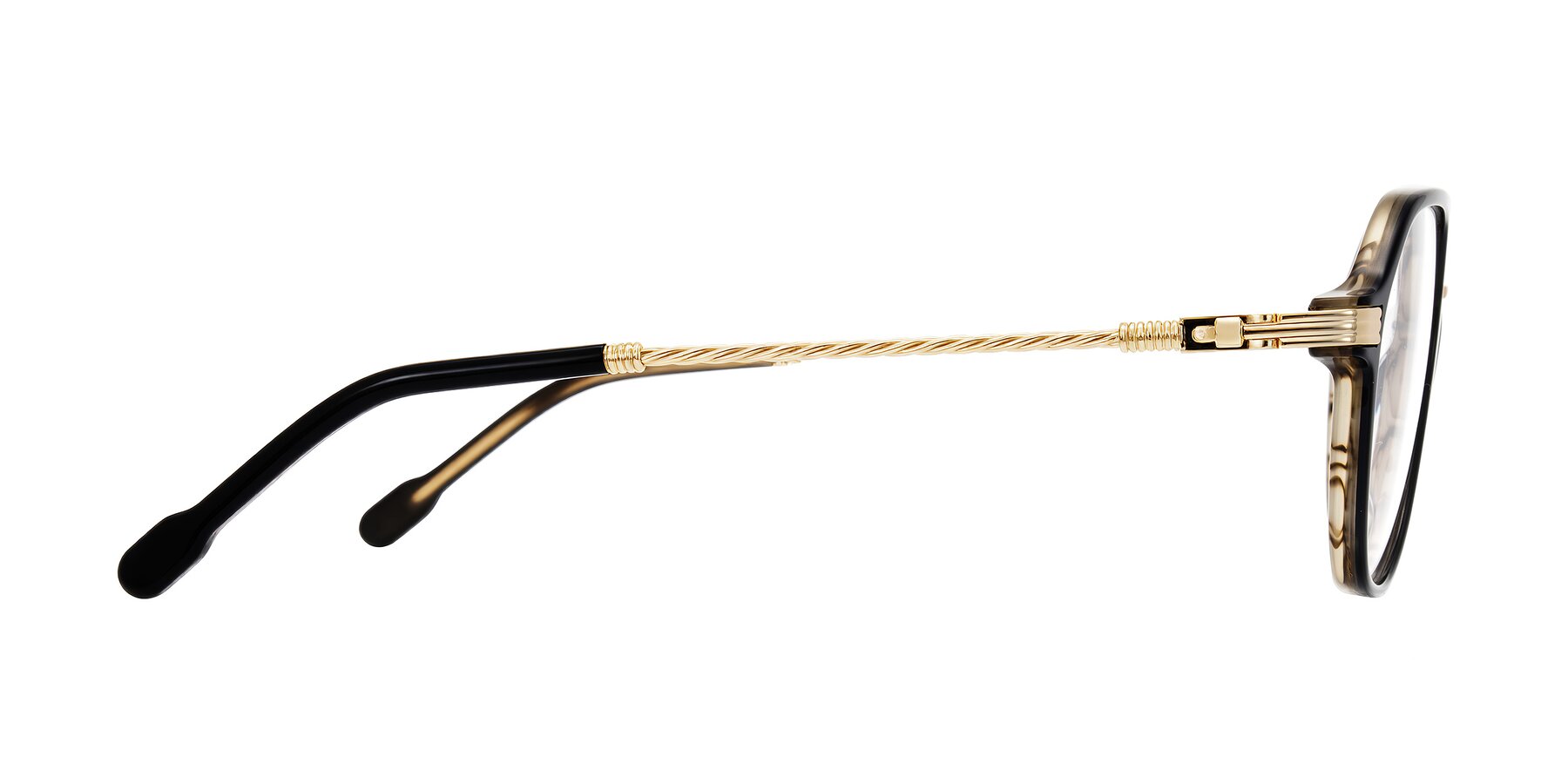 Side of Kanause in Black Brown Striped/Gold with Clear Eyeglass Lenses