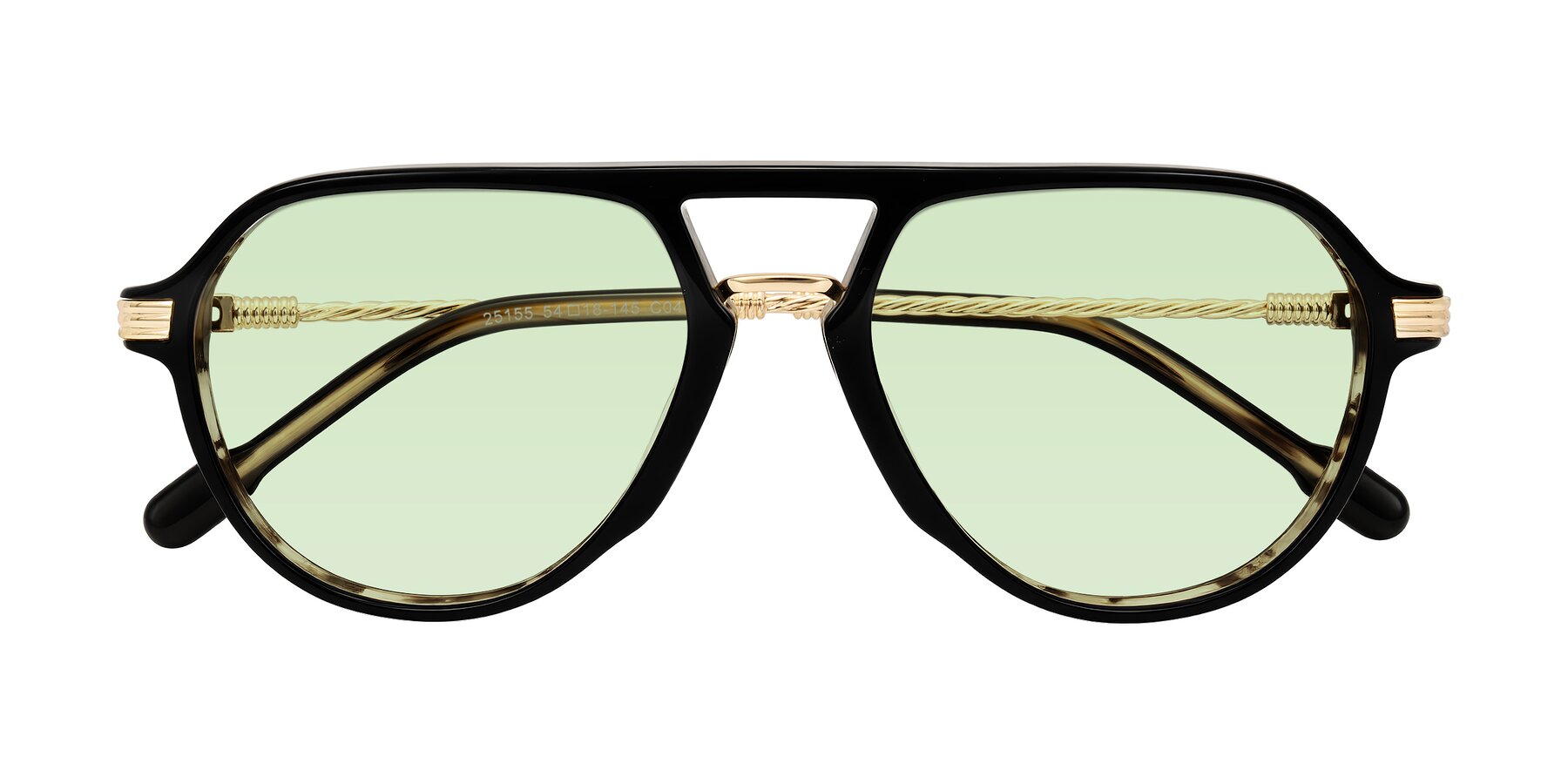 Folded Front of Kanause in Black Brown Striped/Gold with Light Green Tinted Lenses