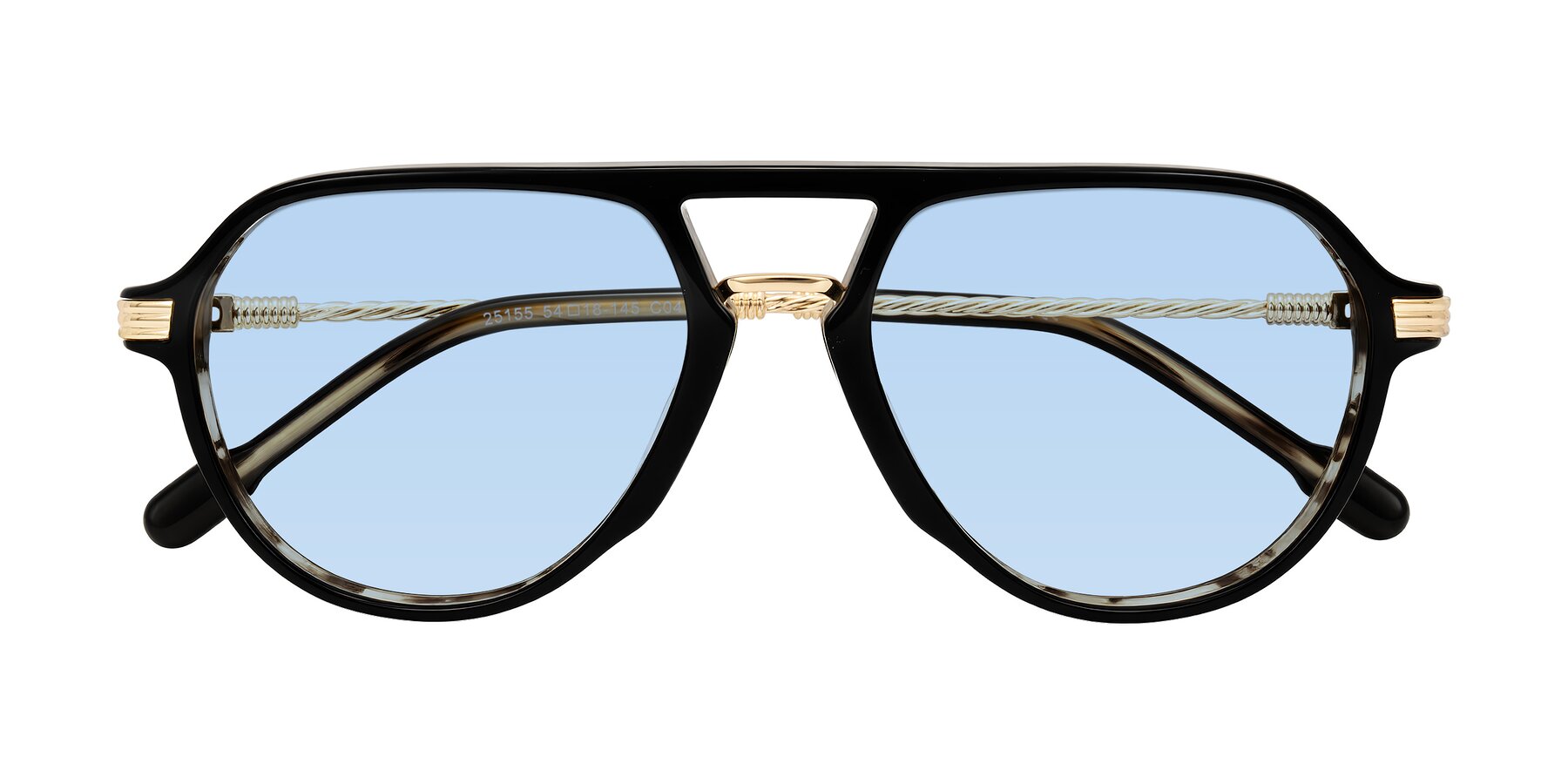 Folded Front of Kanause in Black Brown Striped/Gold with Light Blue Tinted Lenses