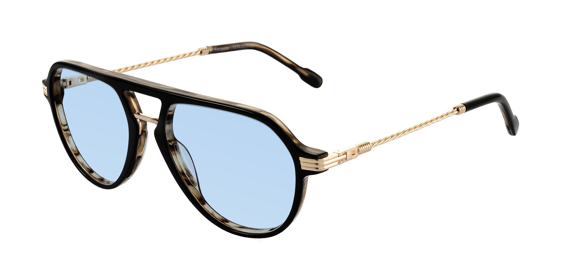 Angle of Kanause in Black Brown Striped/Gold with Light Blue Tinted Lenses