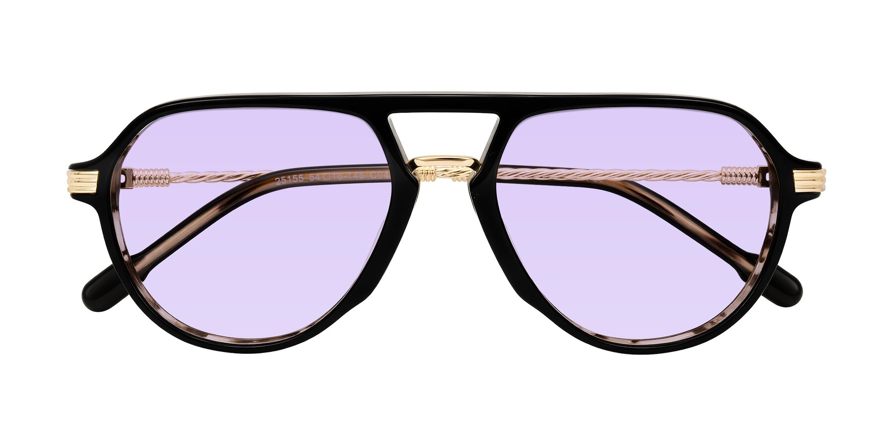 Folded Front of Kanause in Black Brown Striped/Gold with Light Purple Tinted Lenses