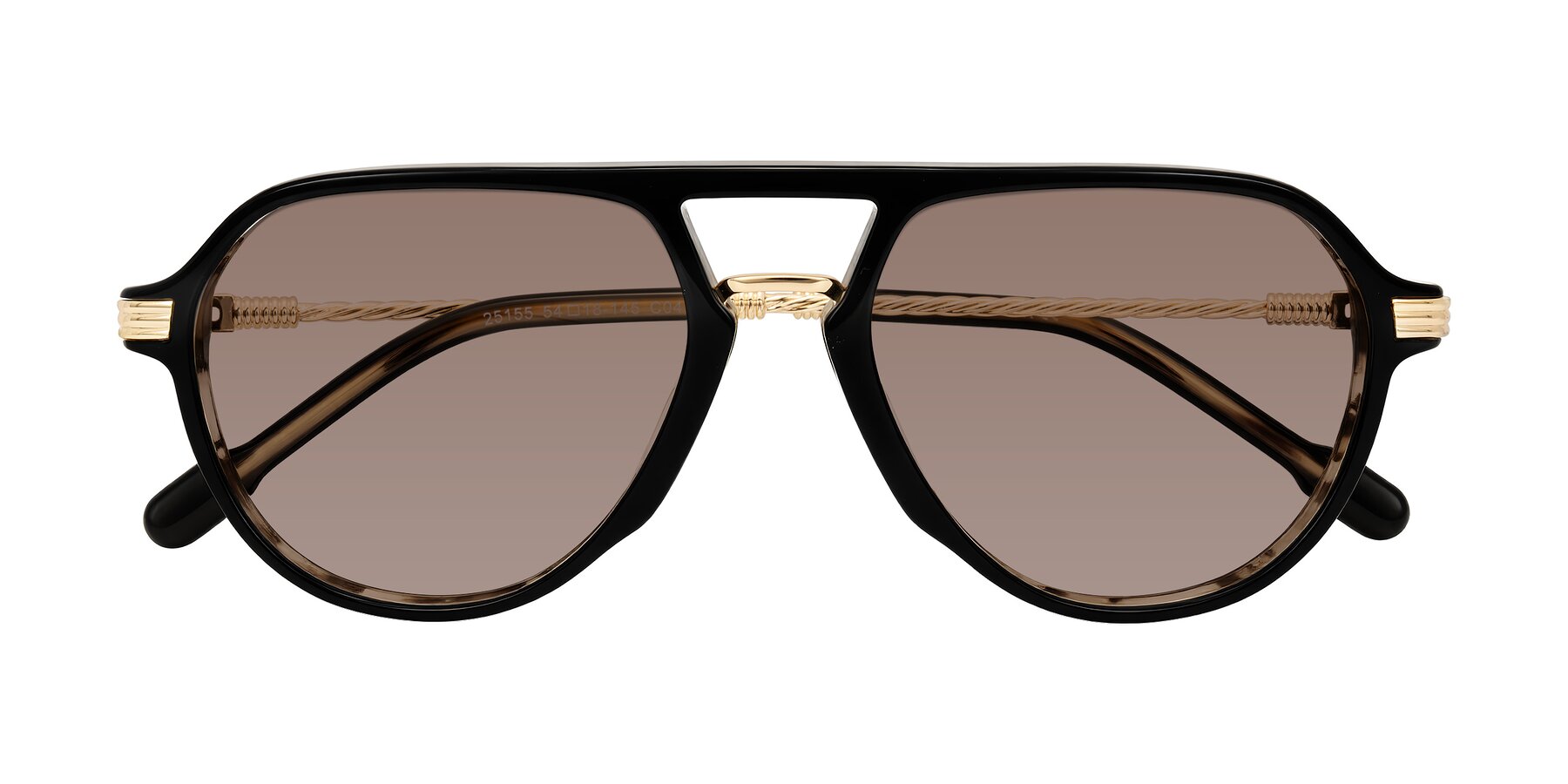 Folded Front of Kanause in Black Brown Striped/Gold with Medium Brown Tinted Lenses