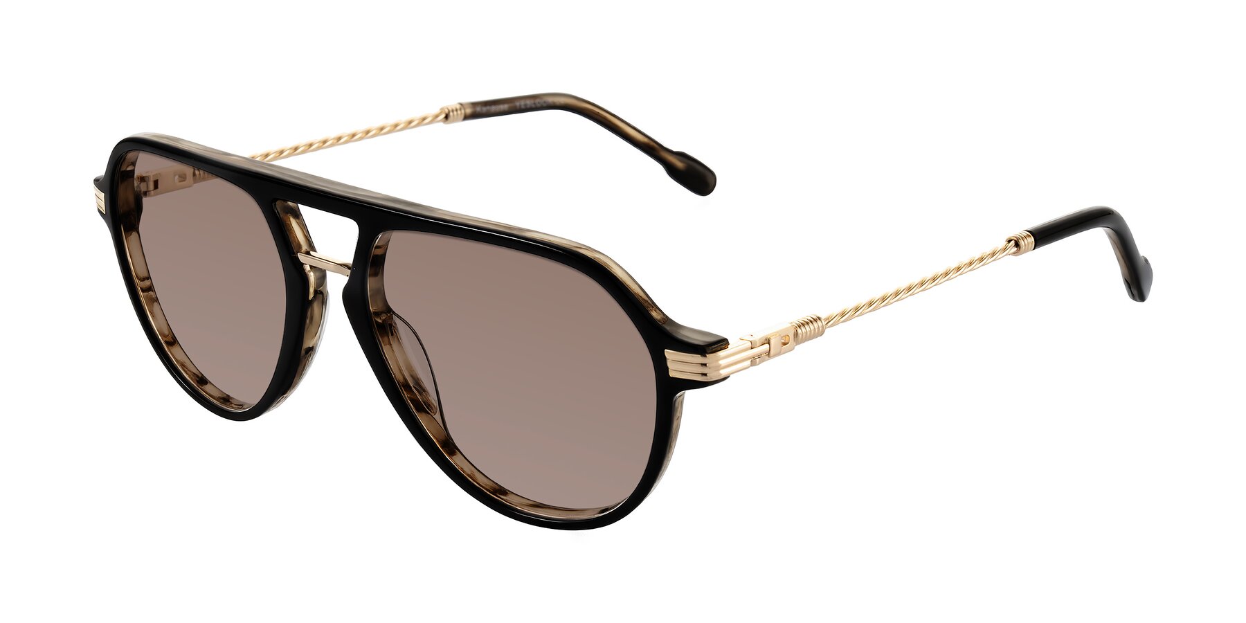 Angle of Kanause in Black Brown Striped/Gold with Medium Brown Tinted Lenses