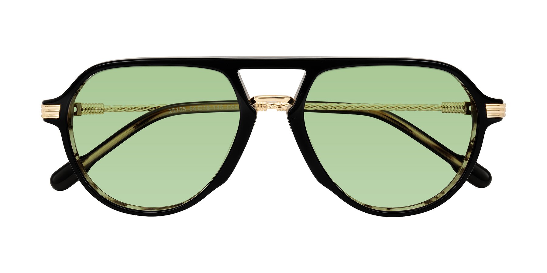 Folded Front of Kanause in Black Brown Striped/Gold with Medium Green Tinted Lenses