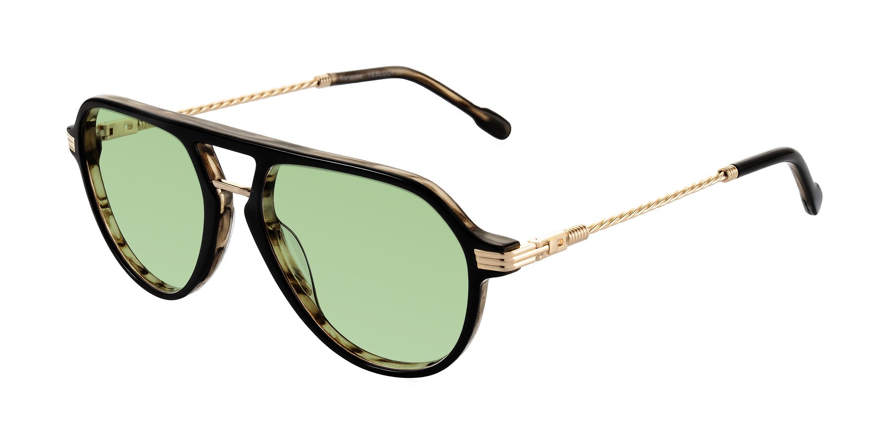 Angle of Kanause in Black Brown Striped/Gold with Medium Green Tinted Lenses