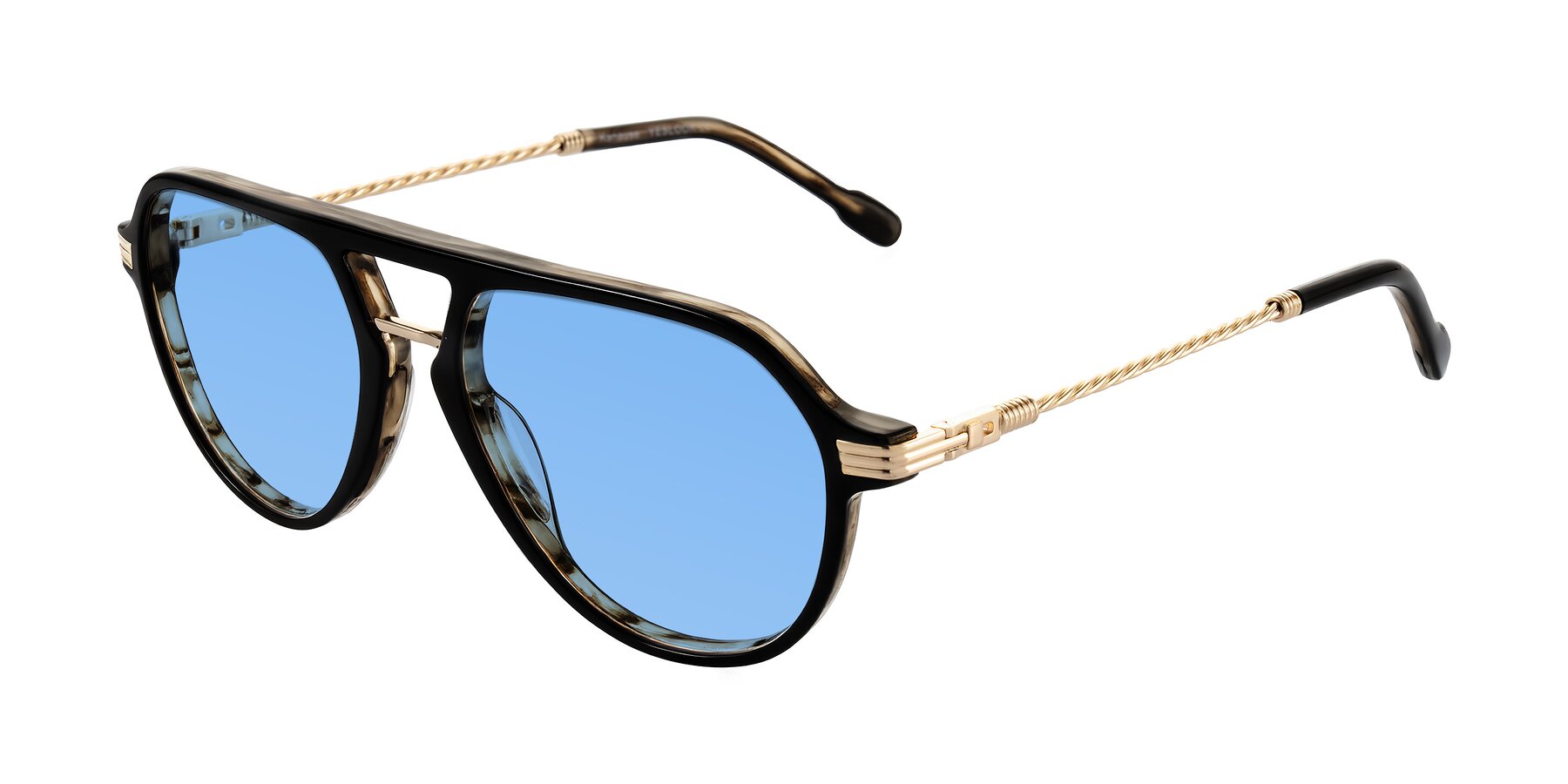 Angle of Kanause in Black Brown Striped/Gold with Medium Blue Tinted Lenses