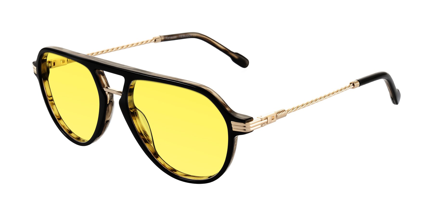 Angle of Kanause in Black Brown Striped/Gold with Medium Yellow Tinted Lenses