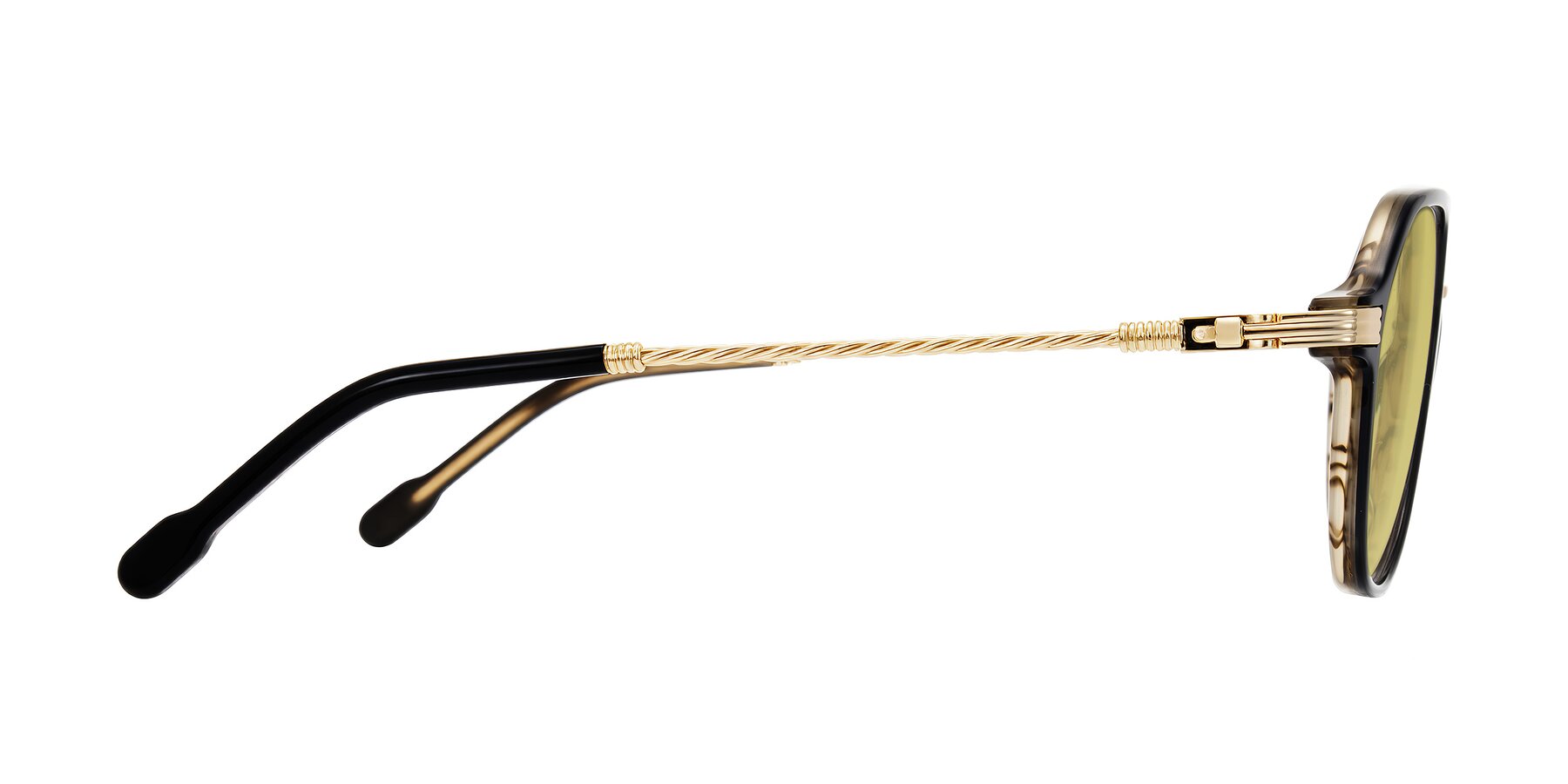 Side of Kanause in Black Brown Striped/Gold with Medium Champagne Tinted Lenses