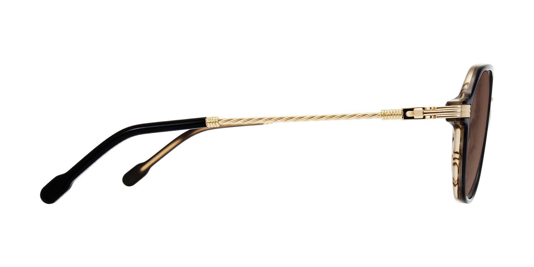 Side of Kanause in Black Brown Striped/Gold with Brown Tinted Lenses