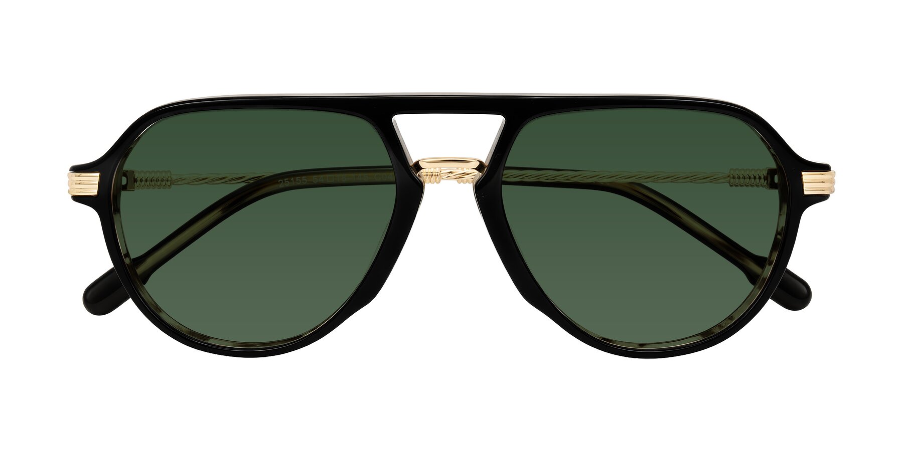Folded Front of Kanause in Black Brown Striped/Gold with Green Tinted Lenses