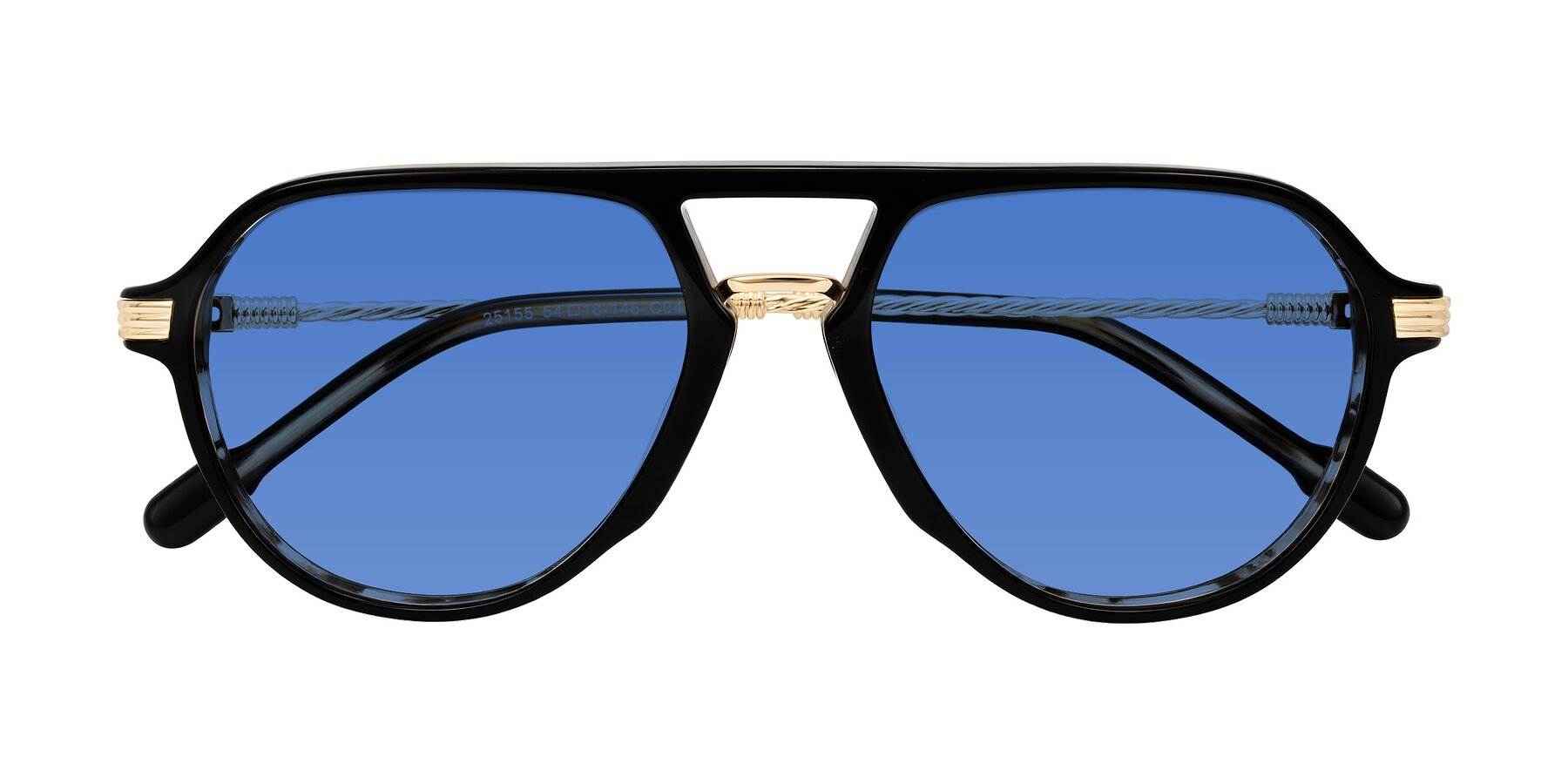 Folded Front of Kanause in Black Brown Striped/Gold with Blue Tinted Lenses