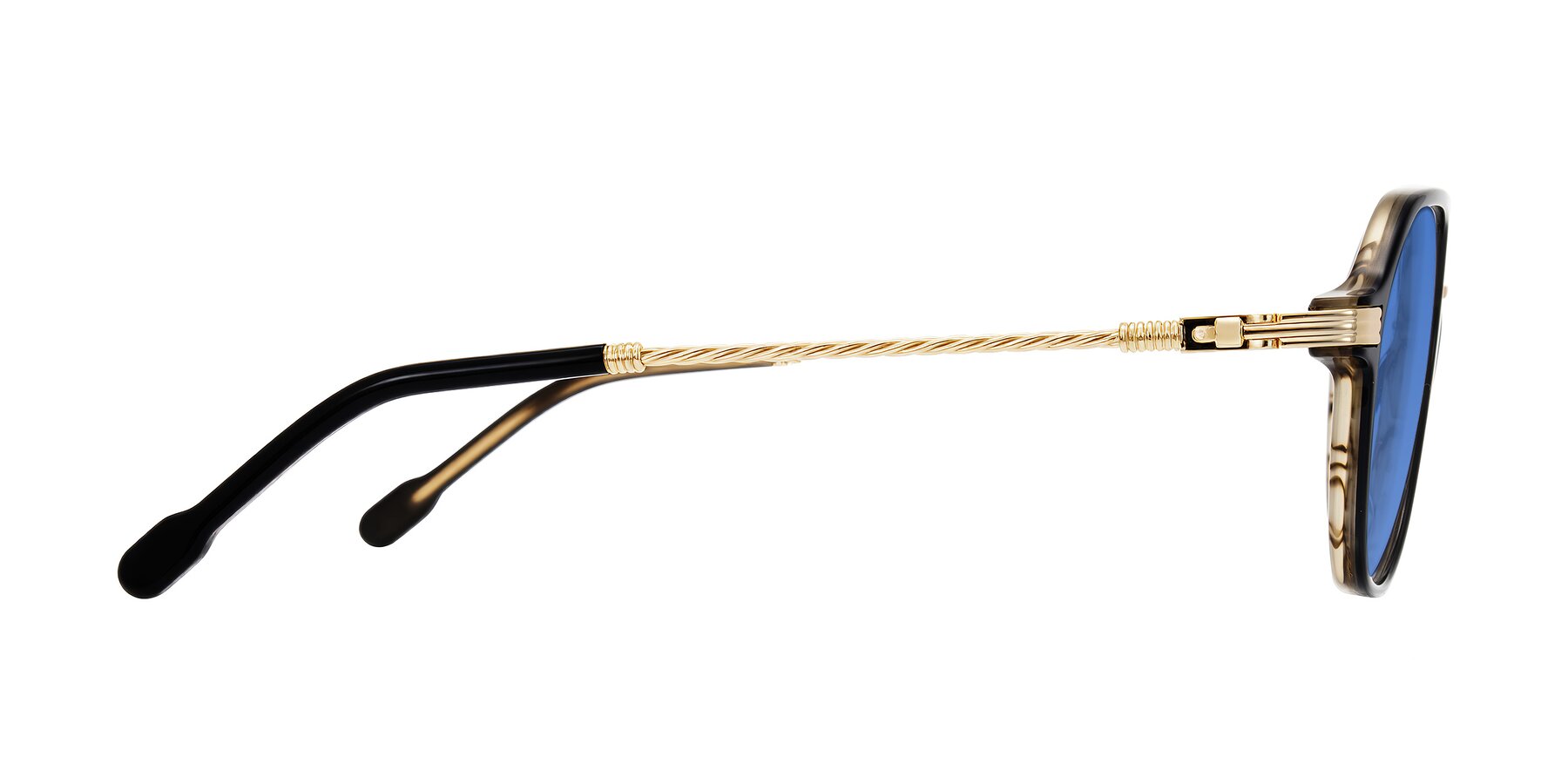 Side of Kanause in Black Brown Striped/Gold with Blue Tinted Lenses