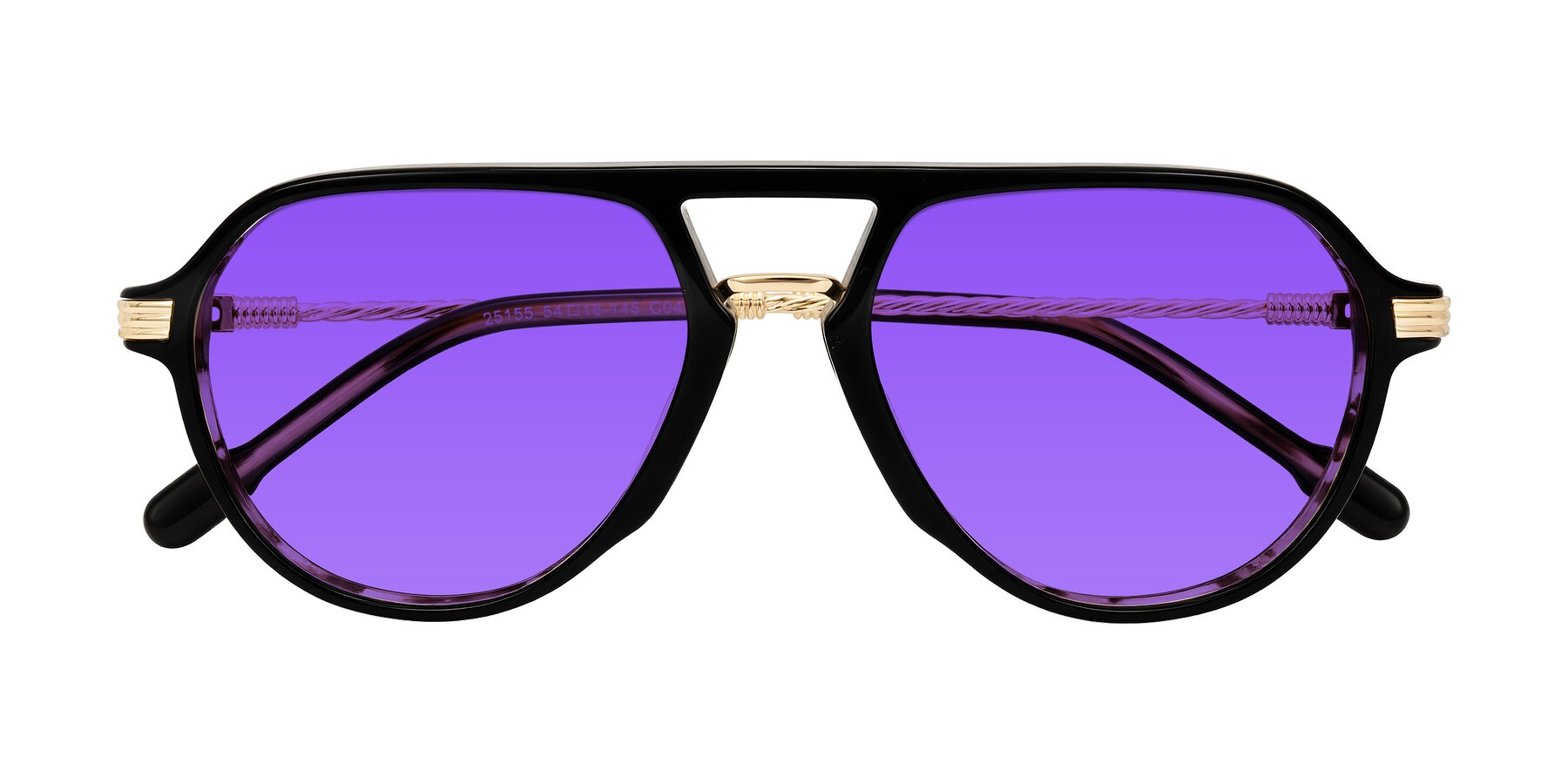 Folded Front of Kanause in Black Brown Striped/Gold with Purple Tinted Lenses