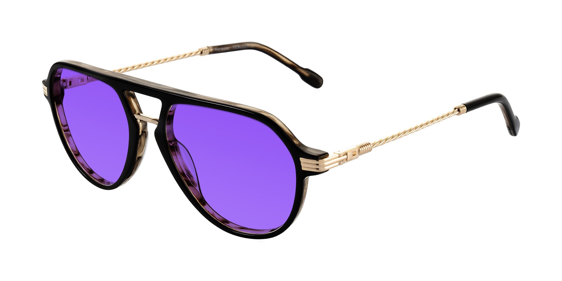 Angle of Kanause in Black Brown Striped/Gold with Purple Tinted Lenses