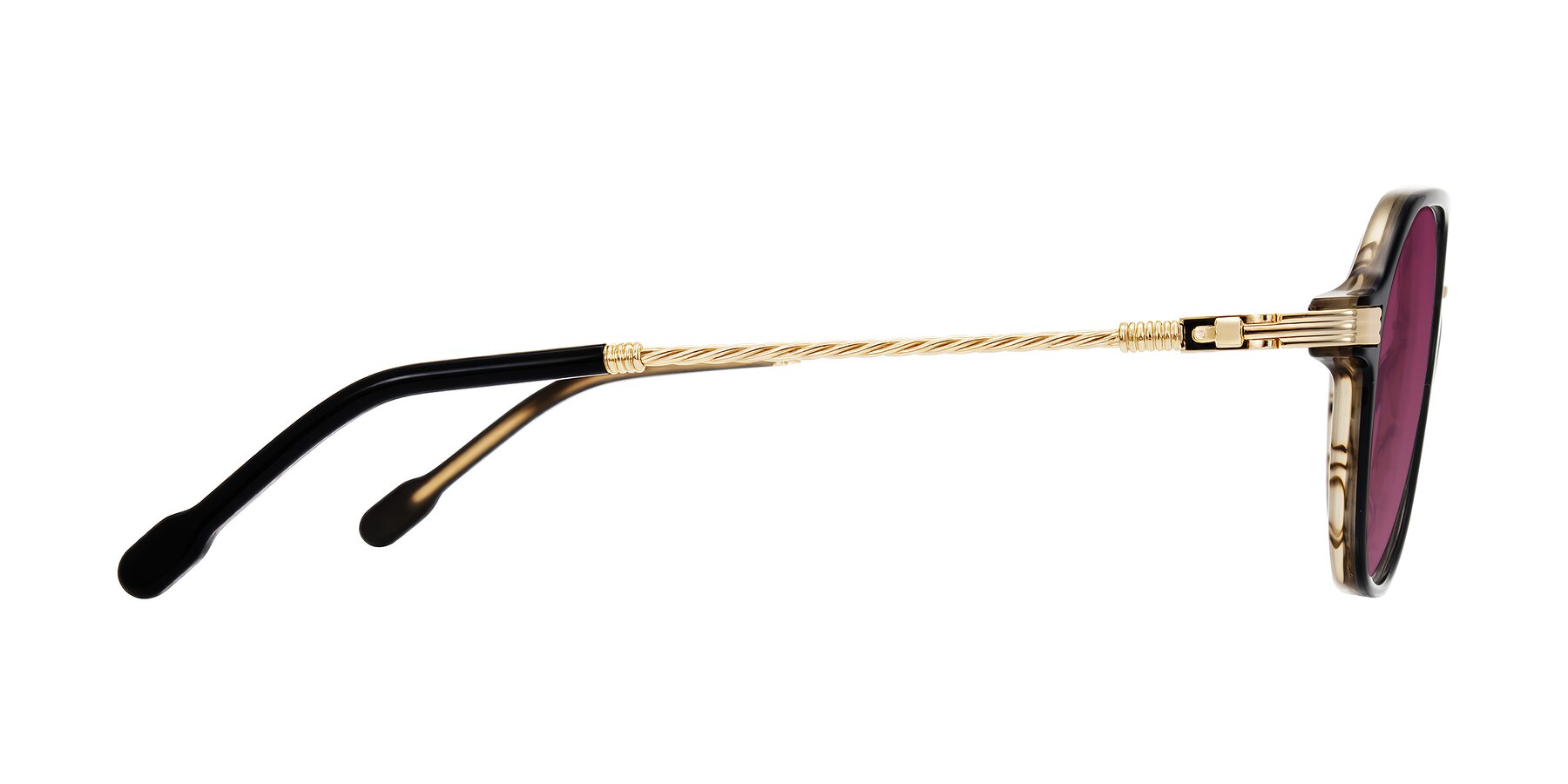 Side of Kanause in Black Brown Striped/Gold with Wine Tinted Lenses