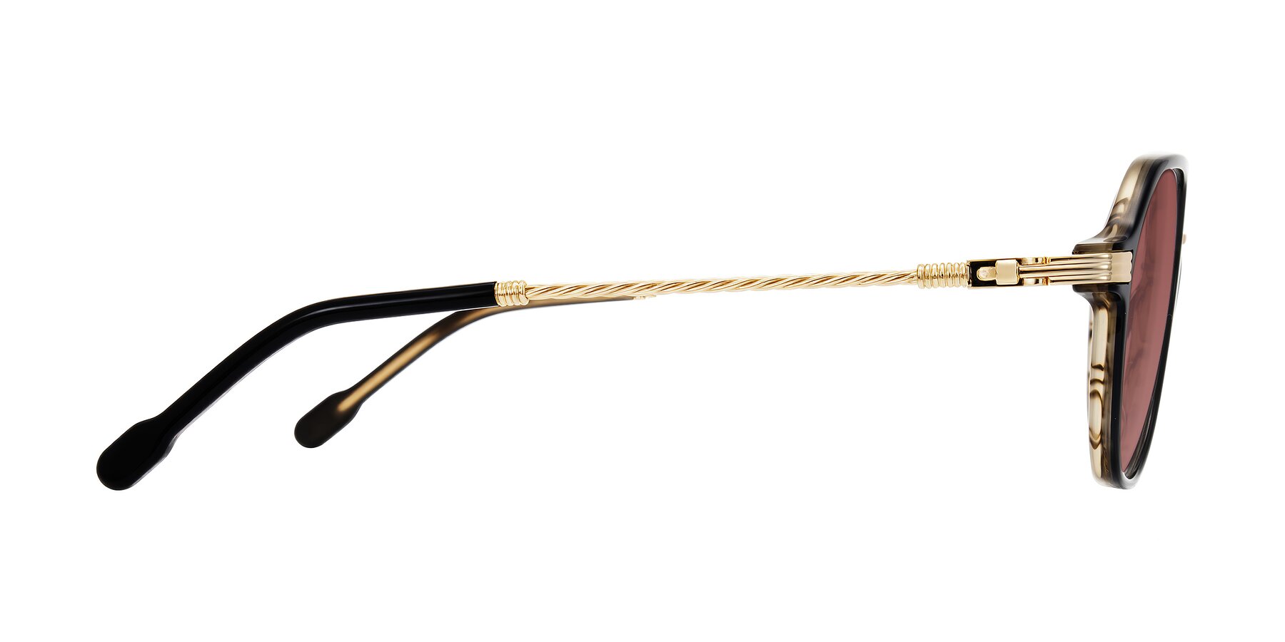 Side of Kanause in Black Brown Striped/Gold with Garnet Tinted Lenses