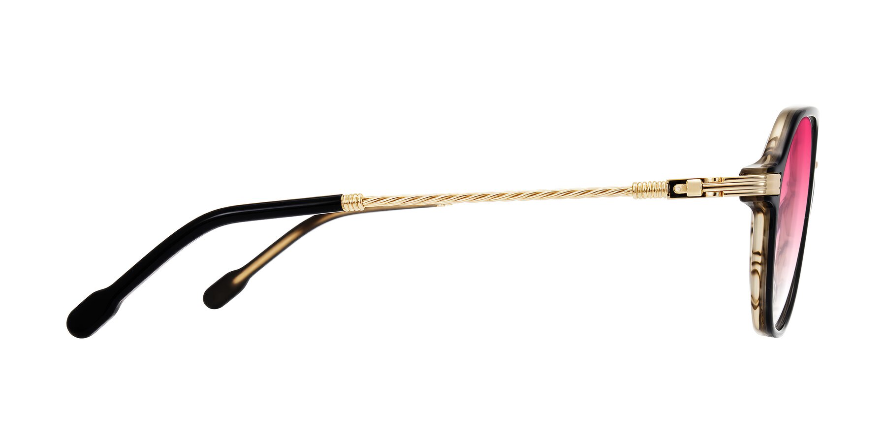 Side of Kanause in Black Brown Striped/Gold with Pink Gradient Lenses