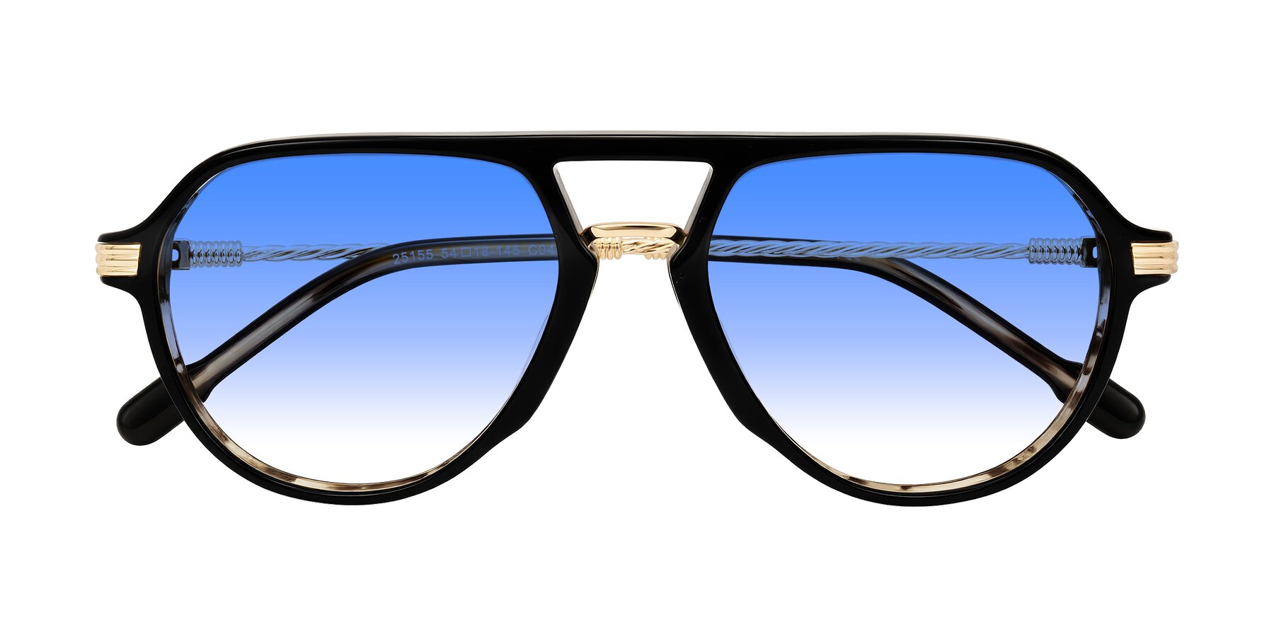 Folded Front of Kanause in Black Brown Striped/Gold with Blue Gradient Lenses