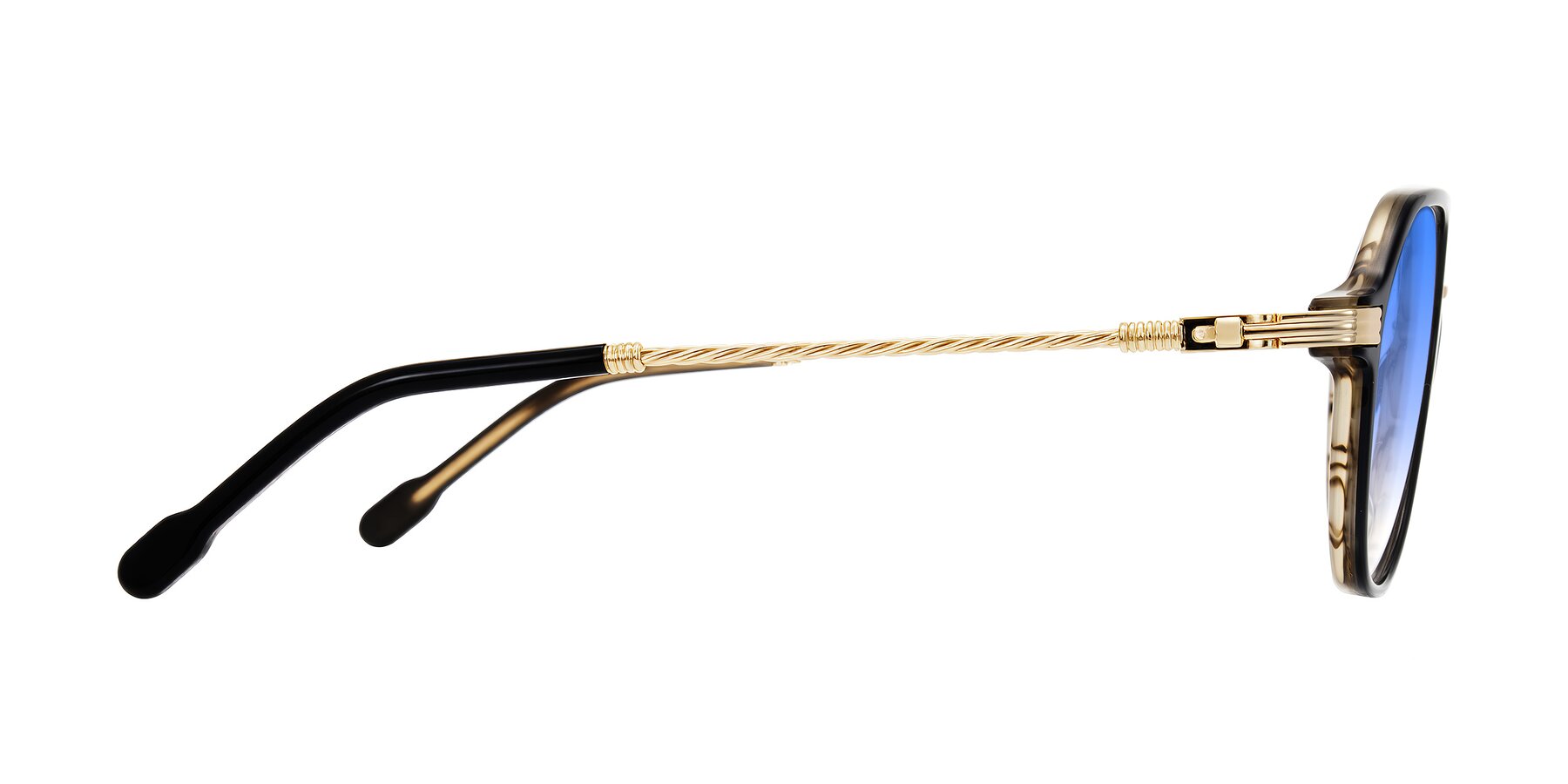 Side of Kanause in Black Brown Striped/Gold with Blue Gradient Lenses