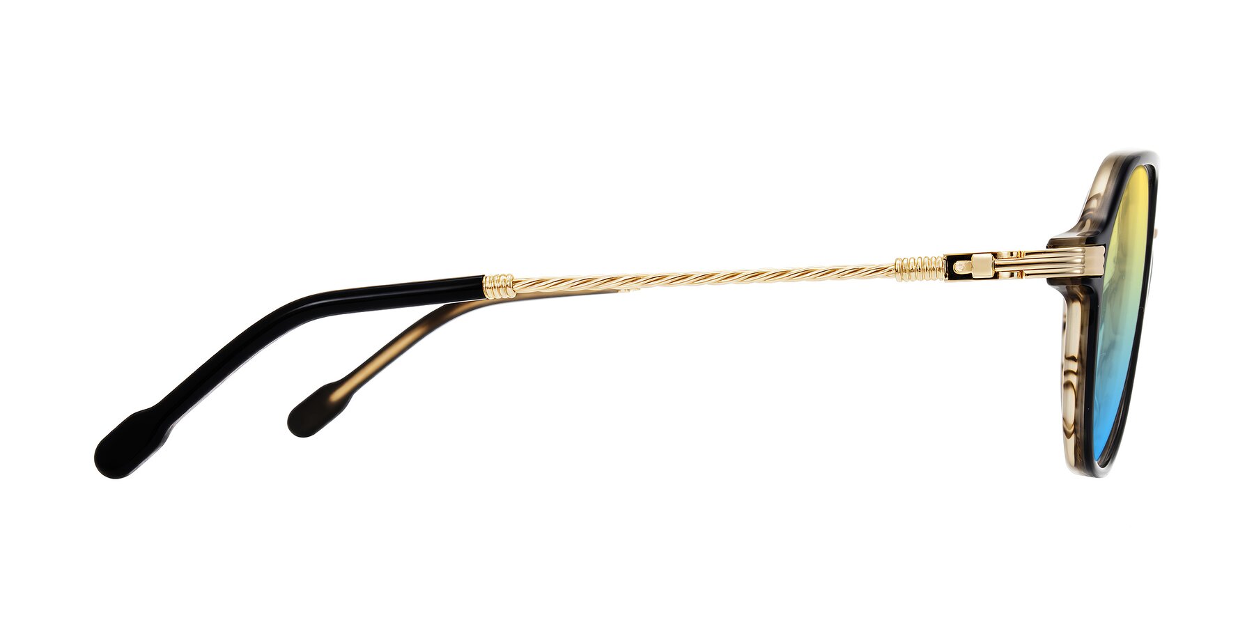 Side of Kanause in Black Brown Striped/Gold with Yellow / Blue Gradient Lenses
