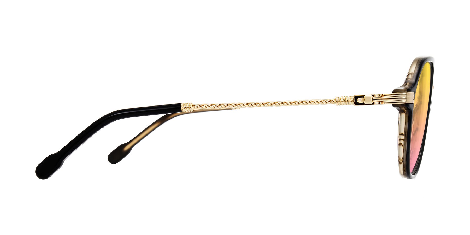 Side of Kanause in Black Brown Striped/Gold with Yellow / Pink Gradient Lenses