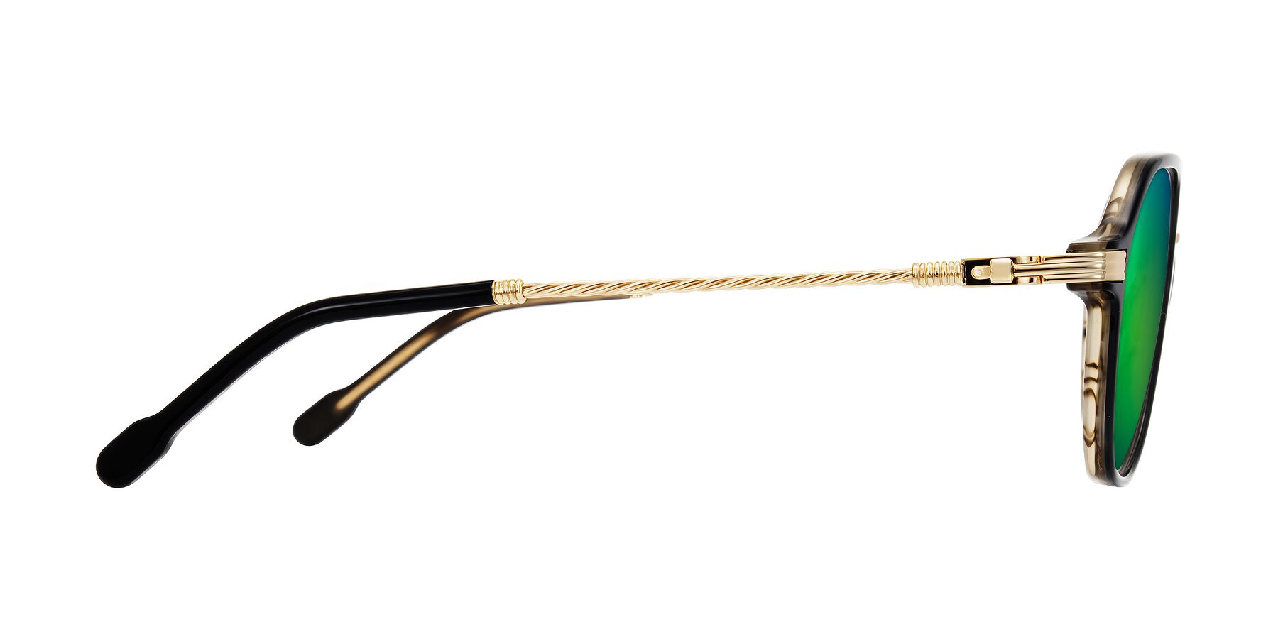 Side of Kanause in Black Brown Striped/Gold with Green Mirrored Lenses