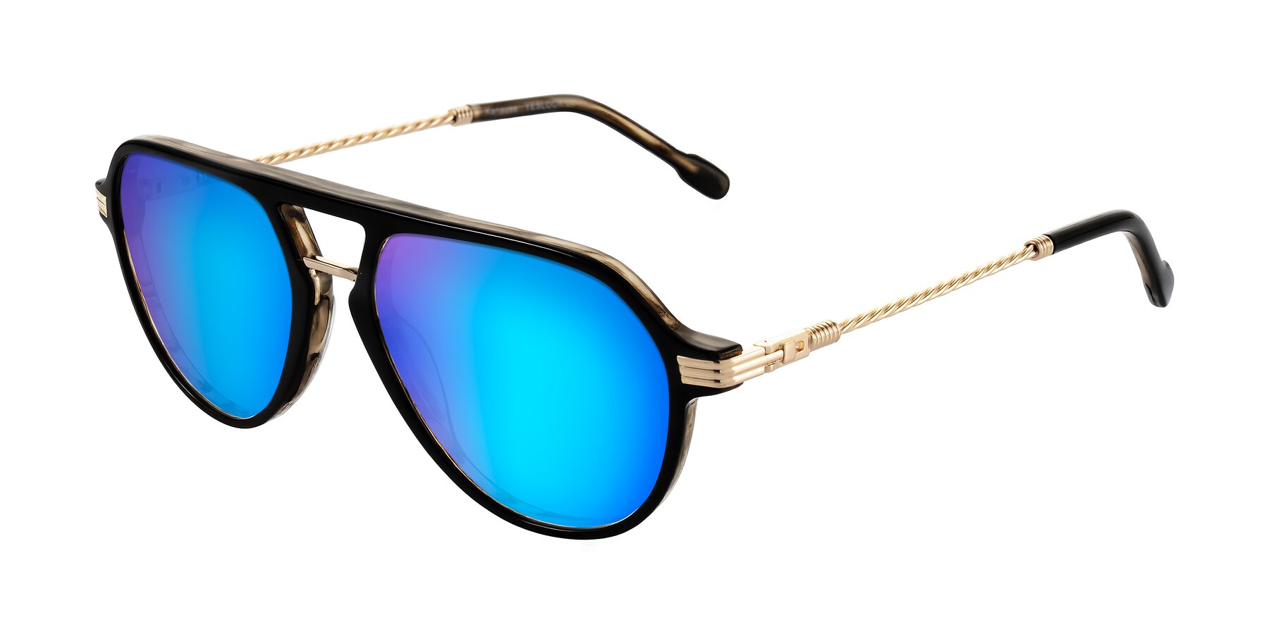 Angle of Kanause in Black Brown Striped/Gold with Blue Mirrored Lenses
