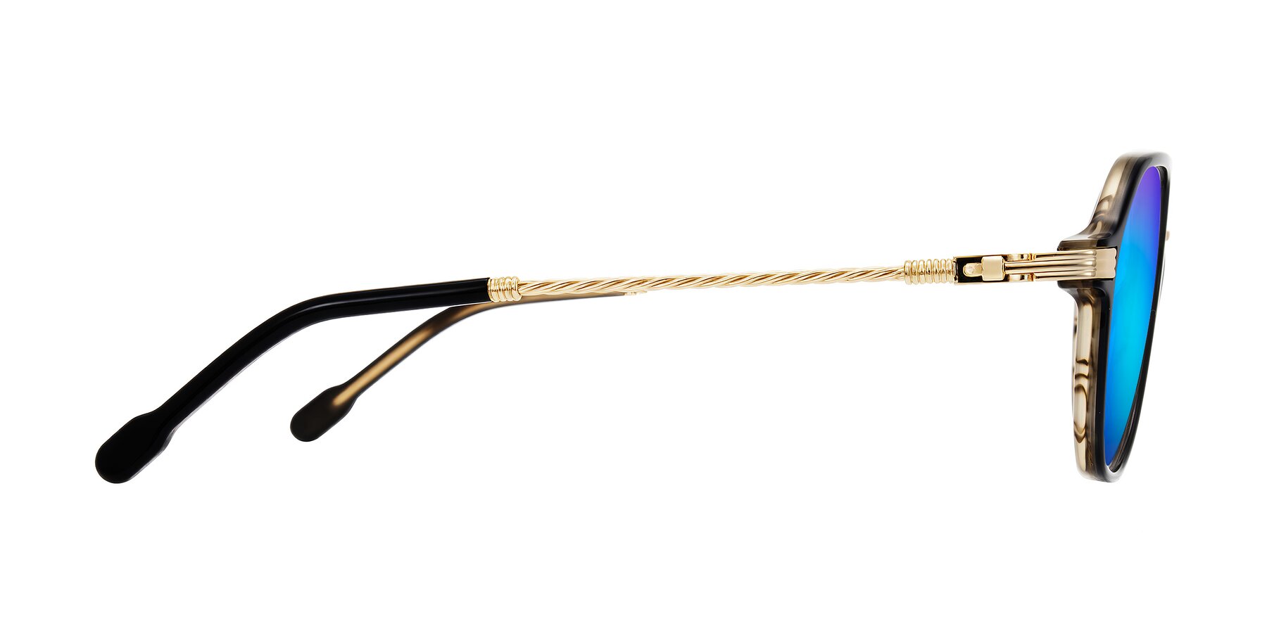 Side of Kanause in Black Brown Striped/Gold with Blue Mirrored Lenses