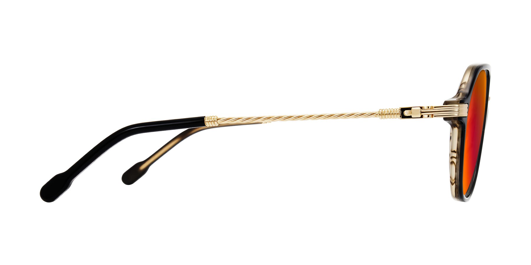 Side of Kanause in Black Brown Striped/Gold with Red Gold Mirrored Lenses